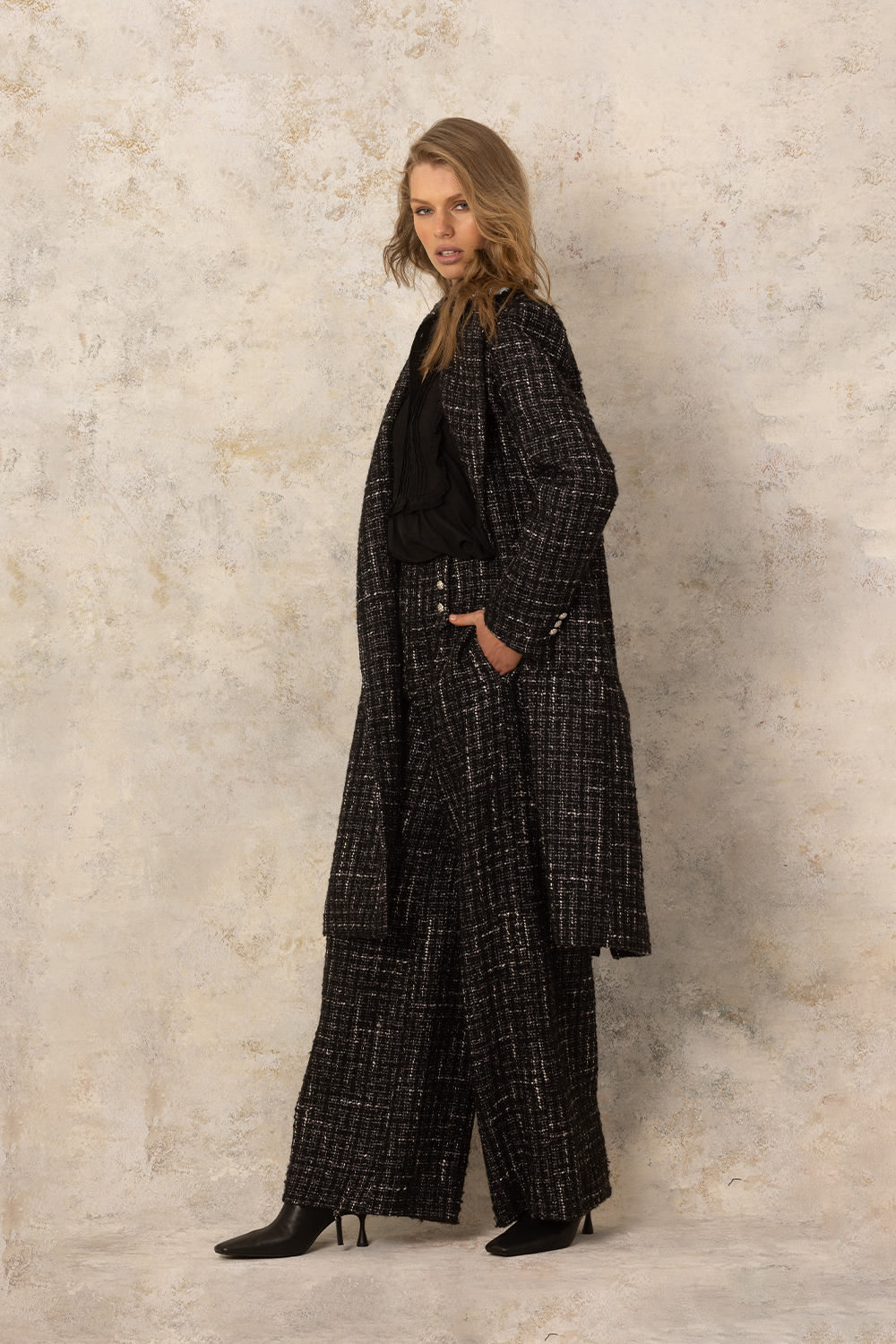 black silver sequin tweed coat