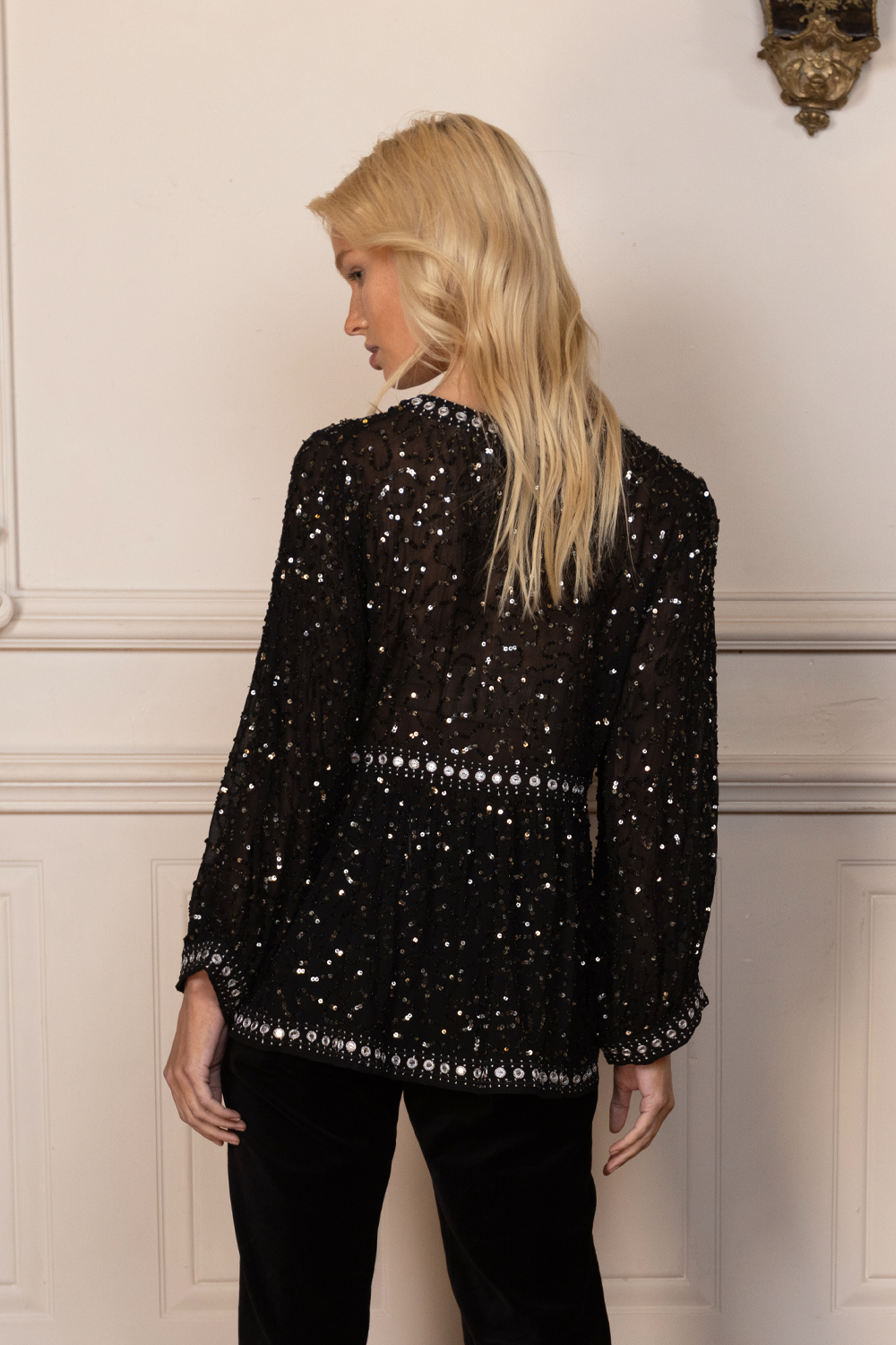 sequin studded silver black long sleeve blouse