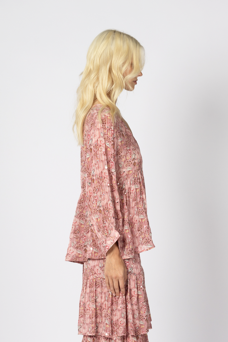 pink embroidery blouse long sleeve gathered