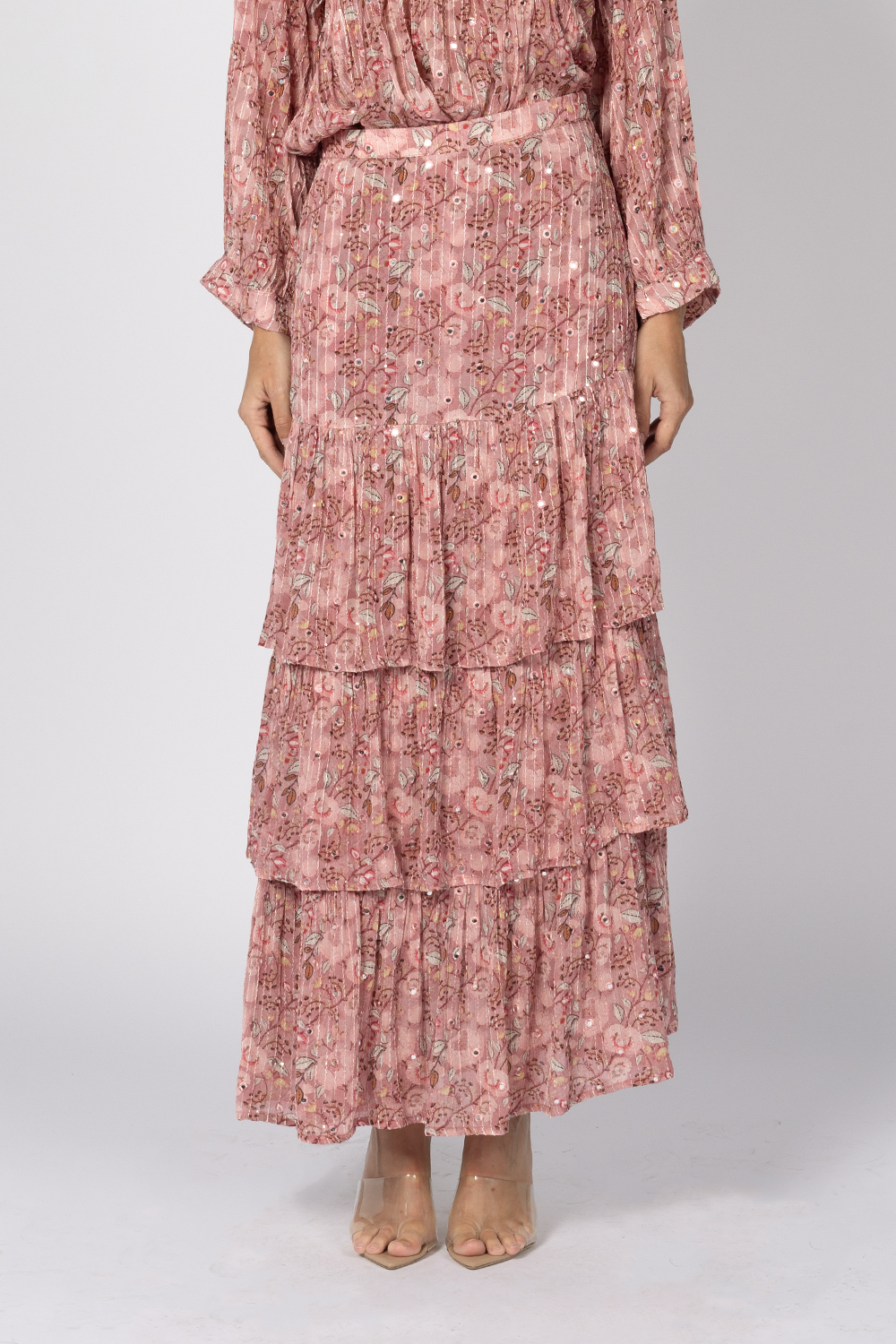 ruffle layer tiered embroidery floral maxi