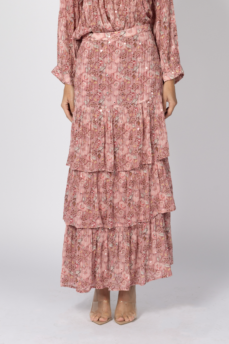 ruffle layer tiered embroidery floral maxi
