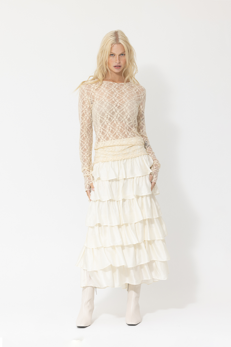 geometric lace long sleeve white silk maxi skirt