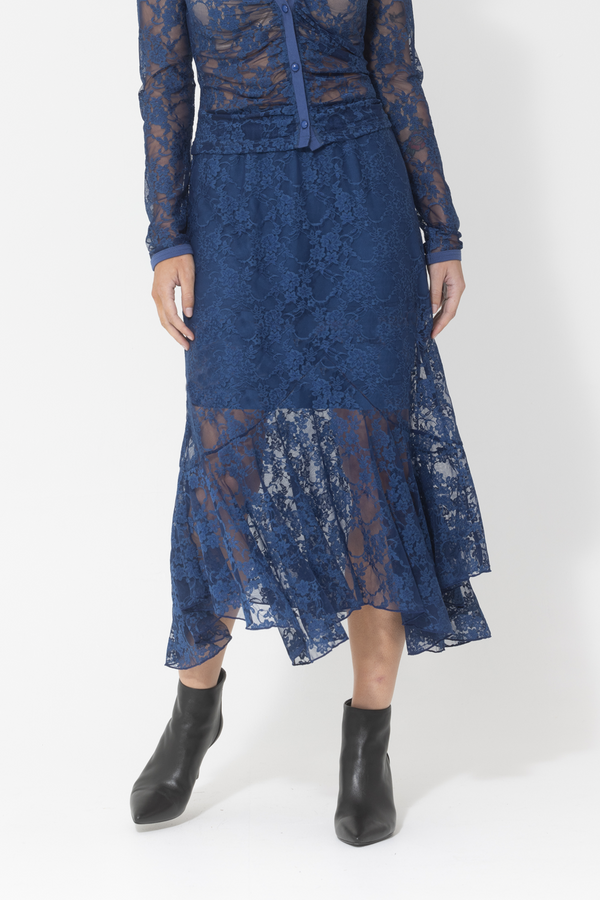 lace sheer long skirt electric blue