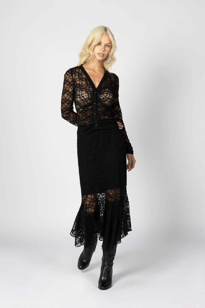 black sheer lace matching cardigan skirt set