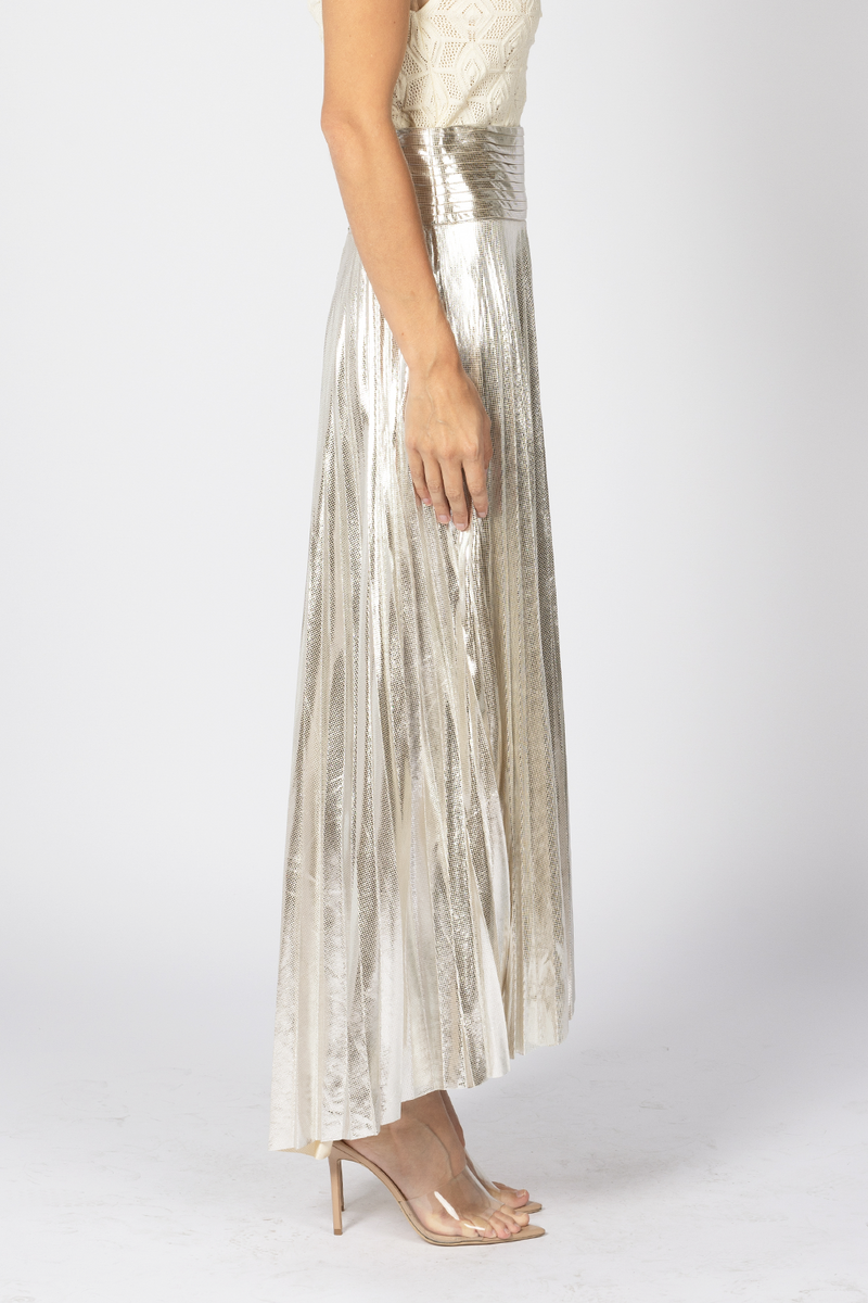 gold silver pleated hi lo skirt