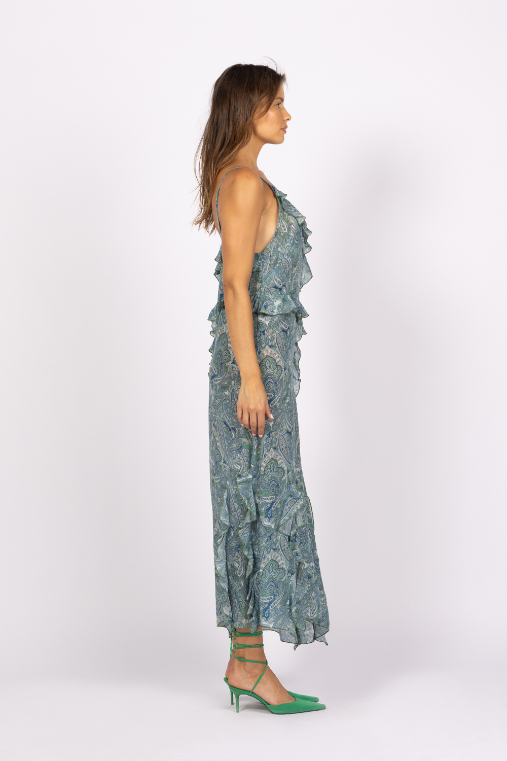 green blue paisley printed ruffle edge maxi dress spaghetti straps