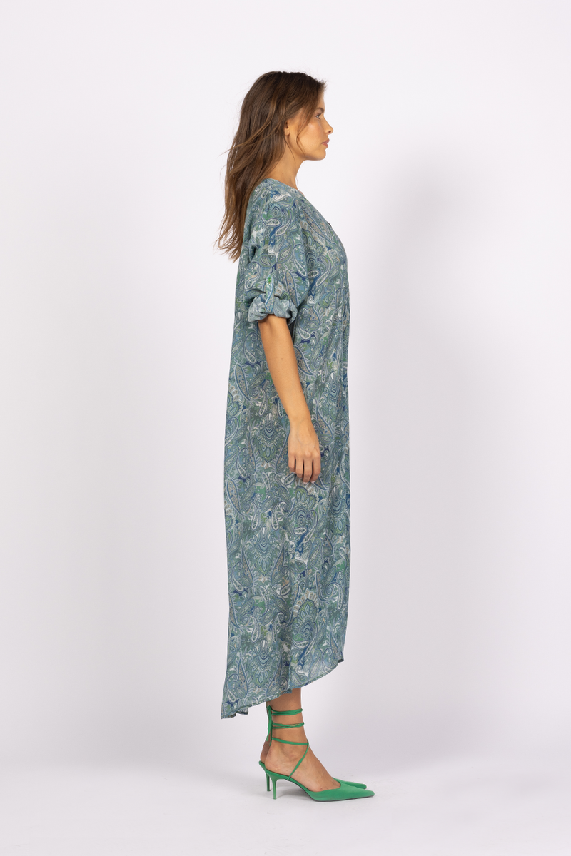 green blue paisley short sleeve kaftan dress