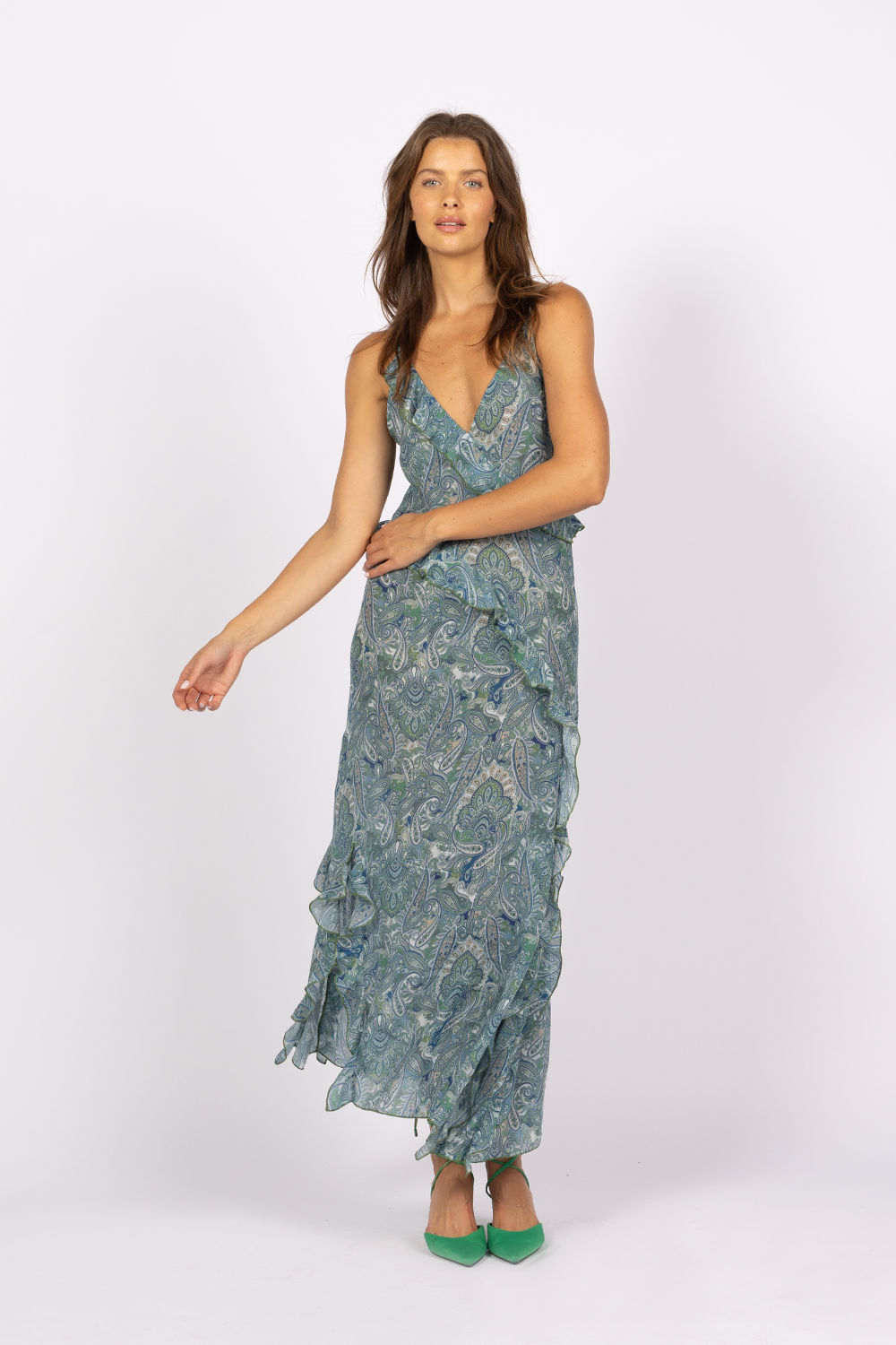 green blue paisley printed maxi dress