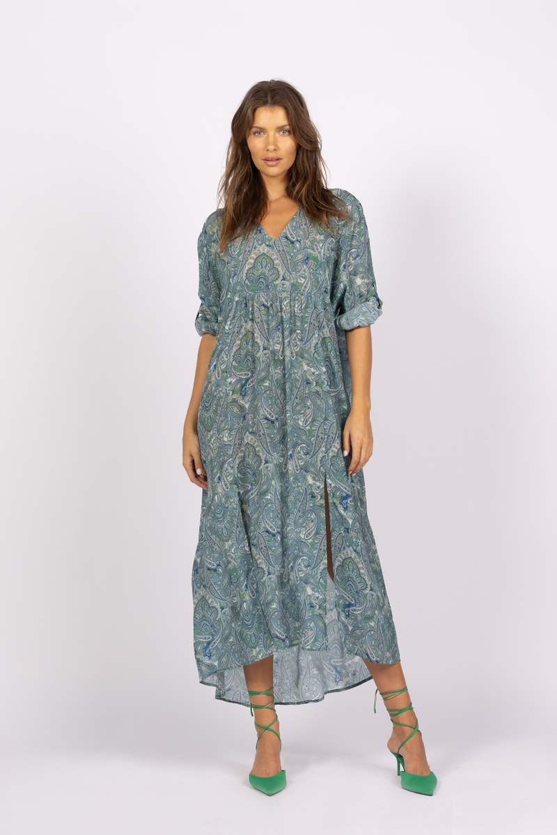 green blue paisley short sleeve kaftan dress