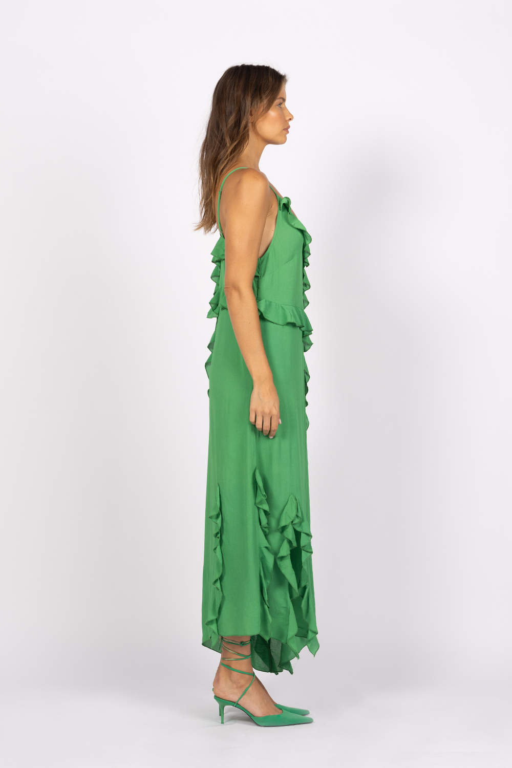 green ruffle maxi dress wedding