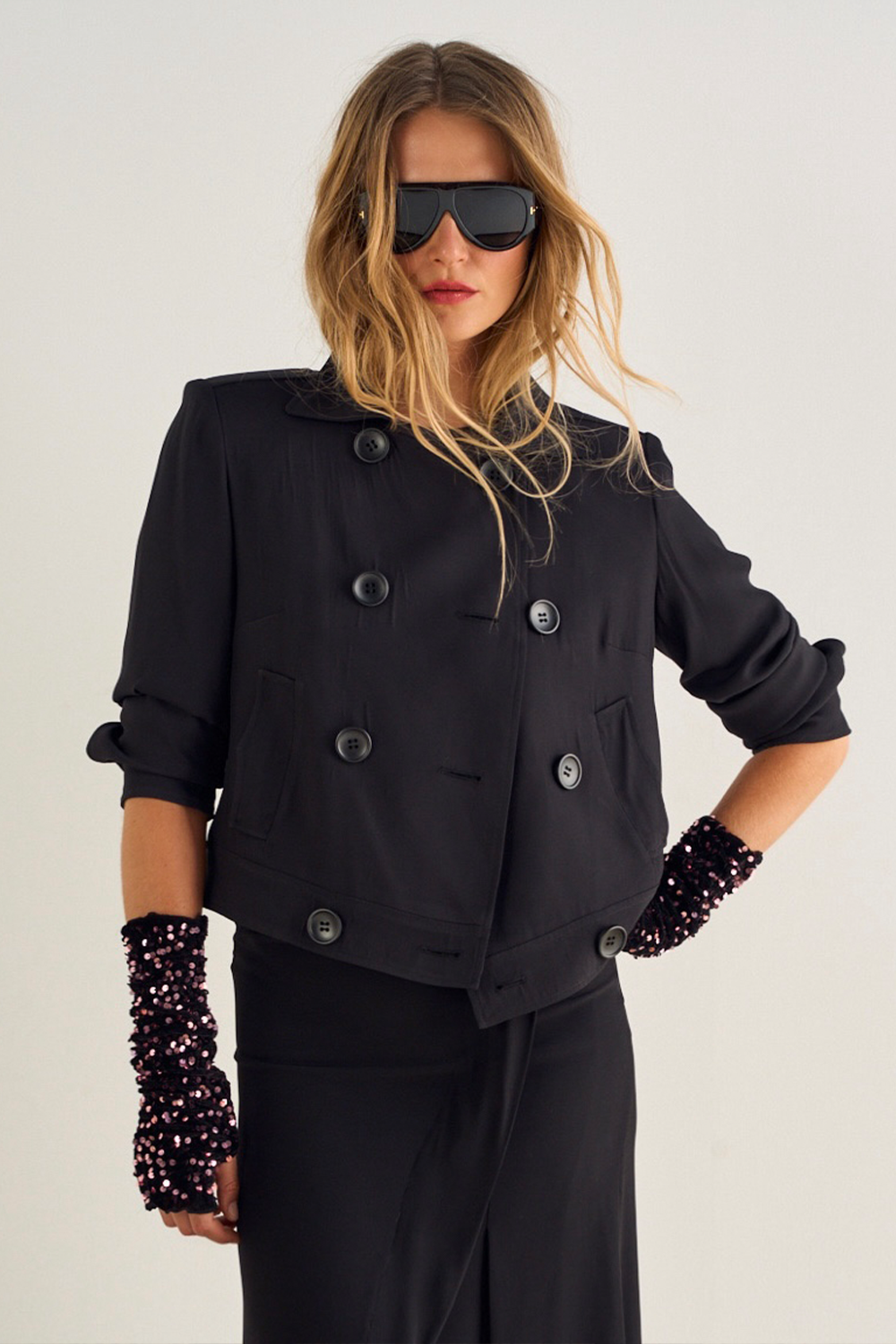 ARM CANDY SEQUIN GLOVES - Petal Pink on Black