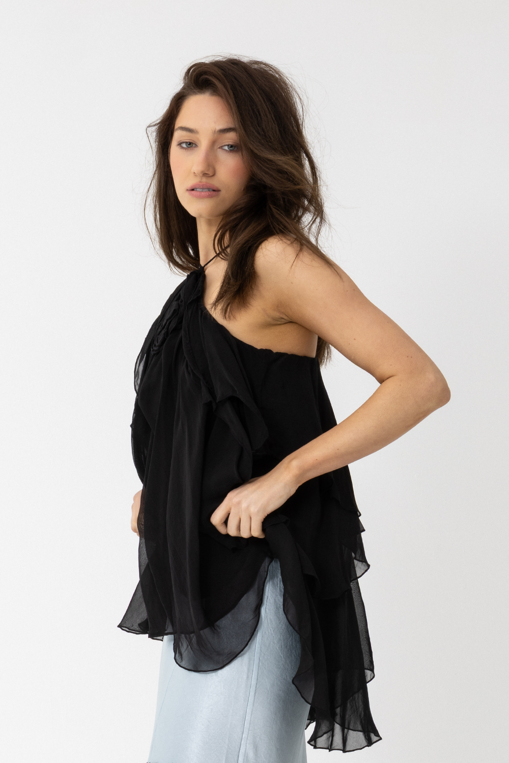 The Empire Top features floaty Layers of beautiful fabric all pulled together with an unassuming Rosette at the neckline. - Joey The Label