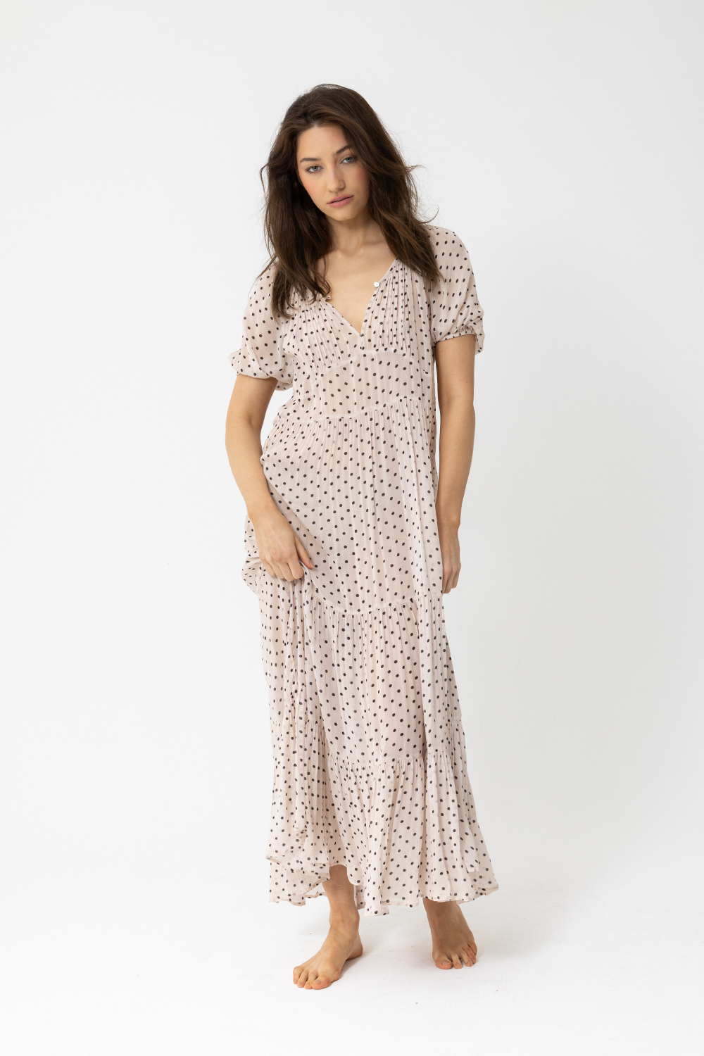 Central Park Short Sleeve Maxi Dress, Polka Dot Latte - JOEY the Label
