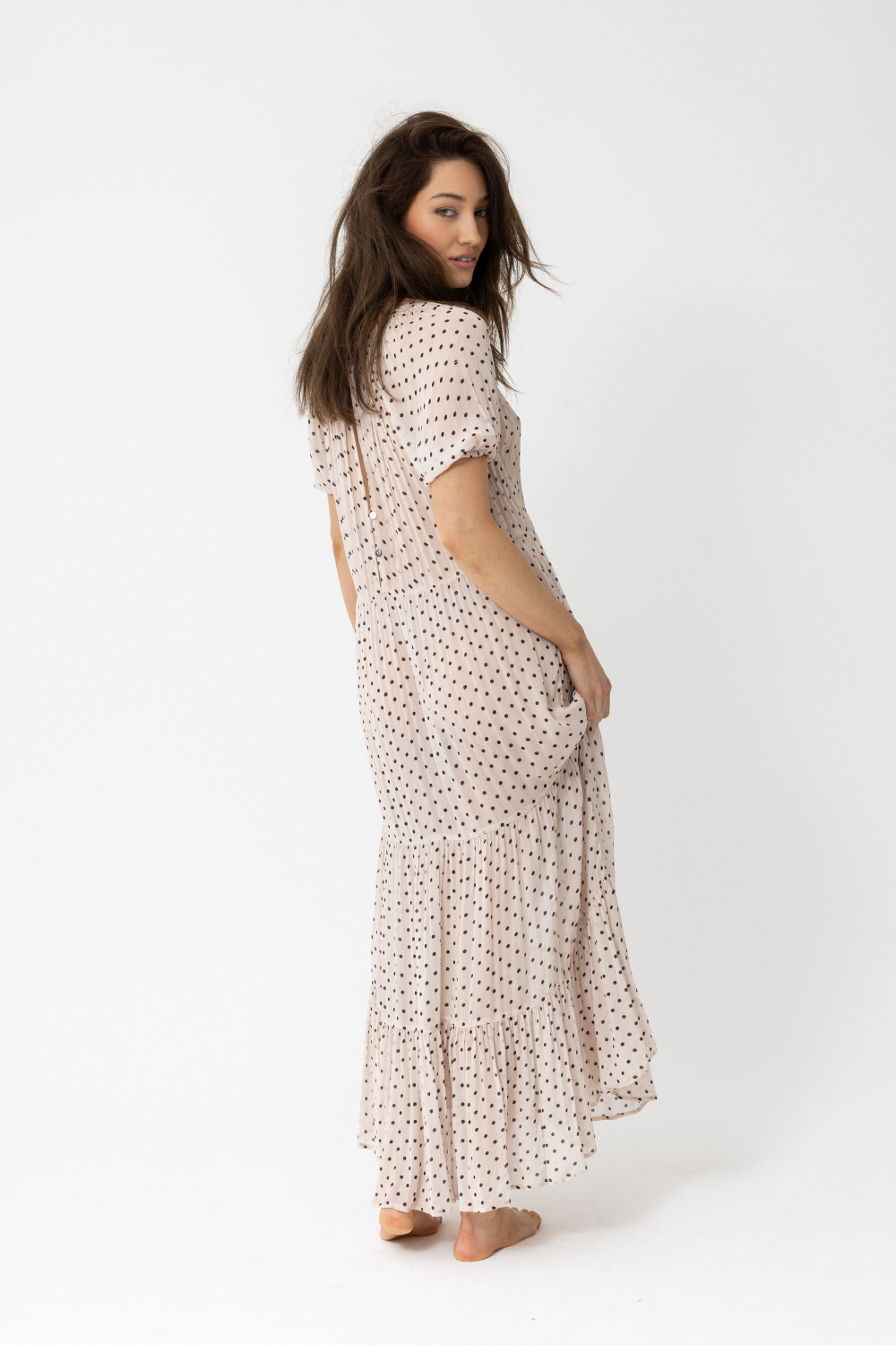 Central Park Short Sleeve Maxi Dress, Polka Dot Latte - JOEY the Label