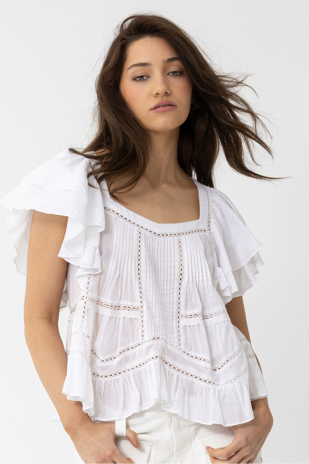 Charlotte Short Sleeve Frilled Blouse,  White Pin-tucking and Lace - JOEY the Label