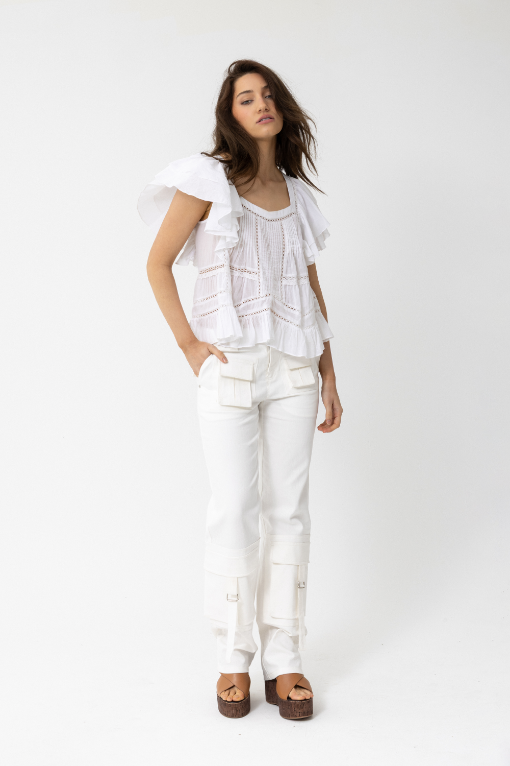 Charlotte Short Sleeve Frilled Blouse,  White Pin-tucking and Lace - JOEY the Label