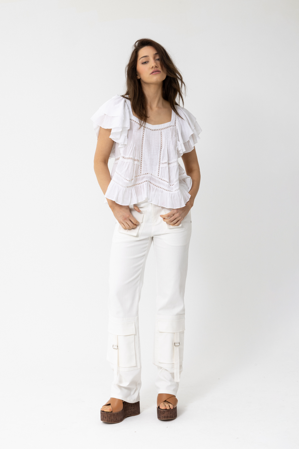 Charlotte Short Sleeve Frilled Blouse,  White Pin-tucking and Lace - JOEY the Label