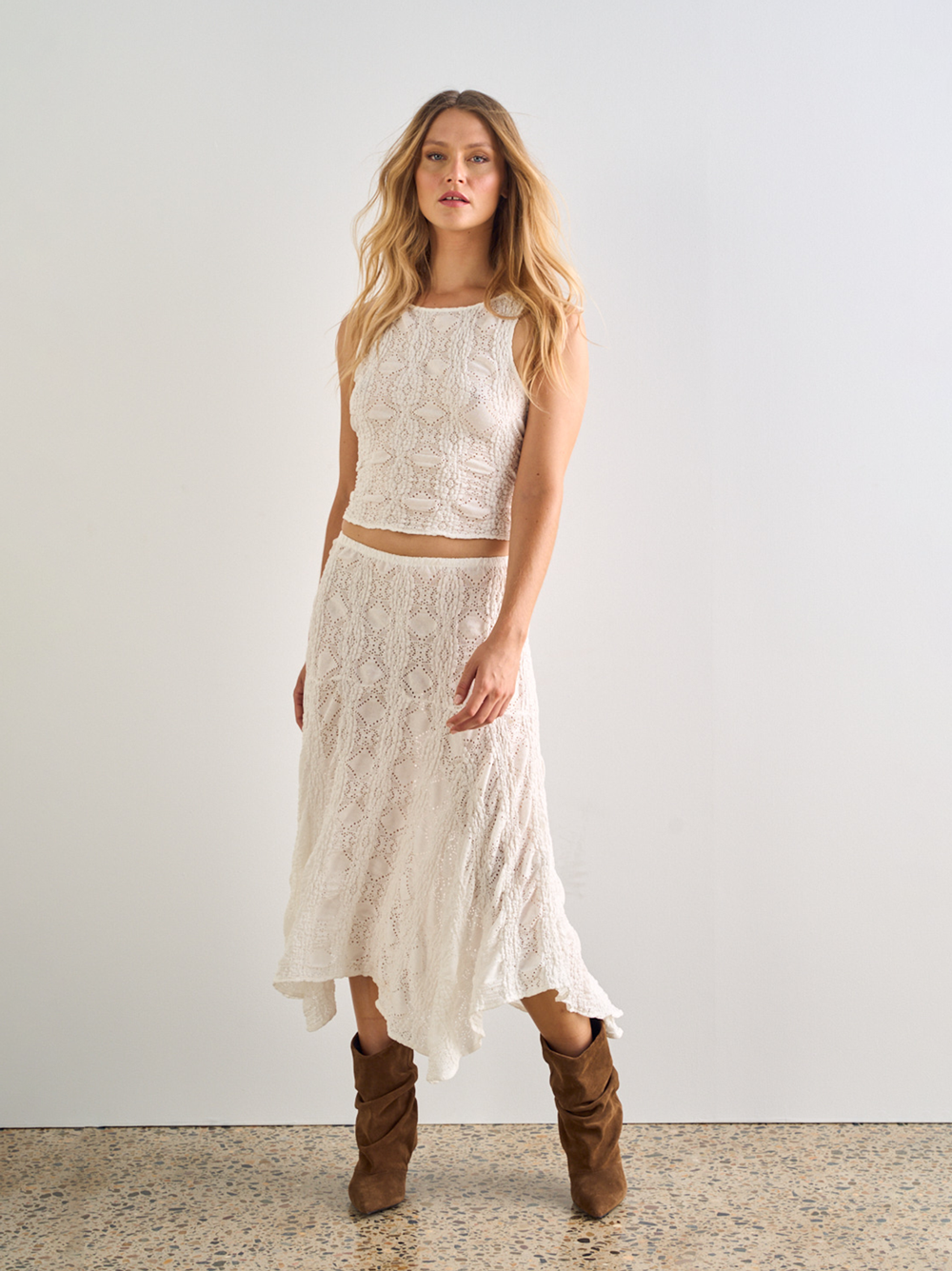 Ibiza Lace Skirt, White, Stretch A-Line Midi - JOEY the Label