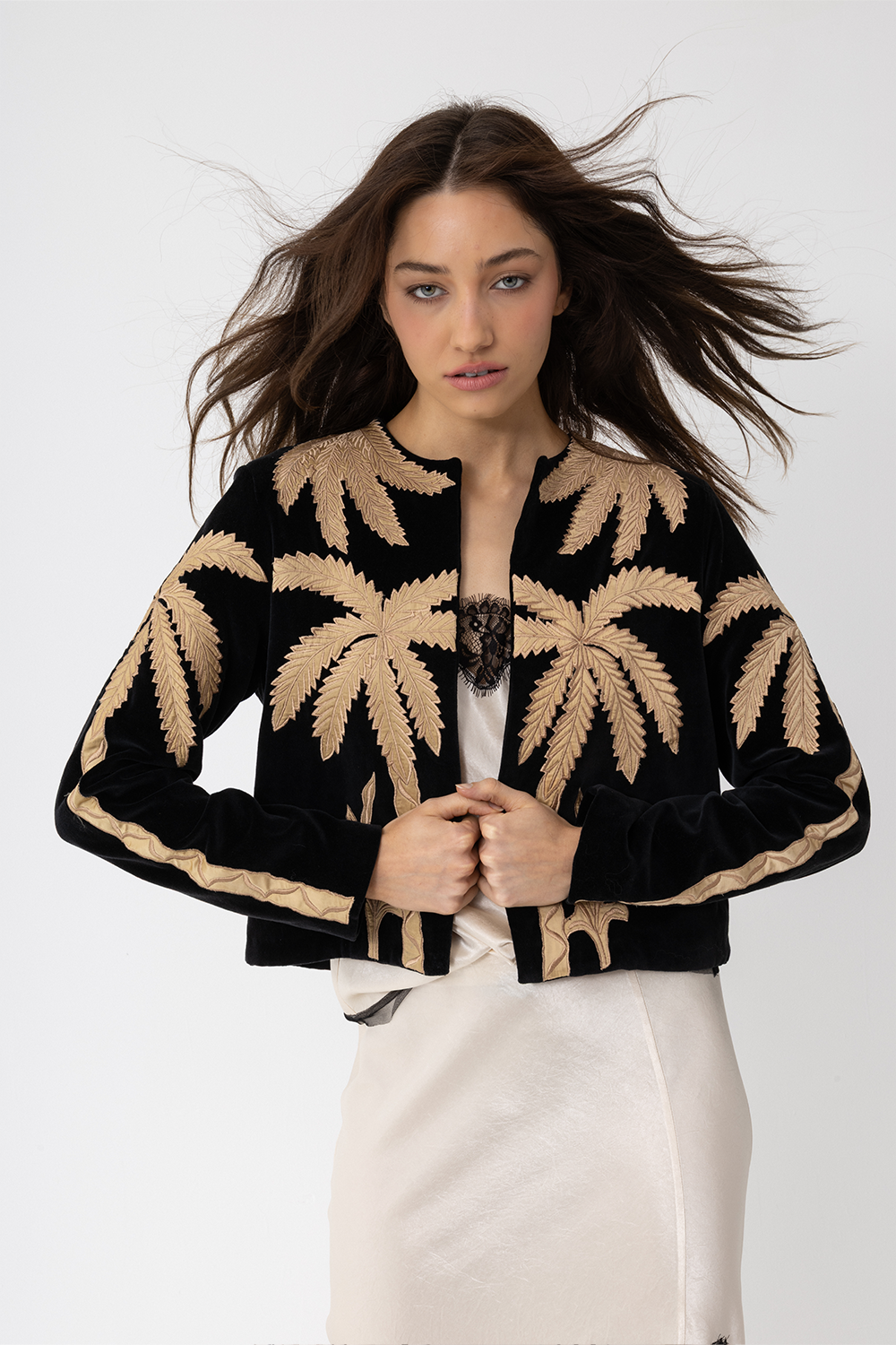 Imperial Palms Jacket, Black Velvet and Champagne Embroidery - JOEY the Label