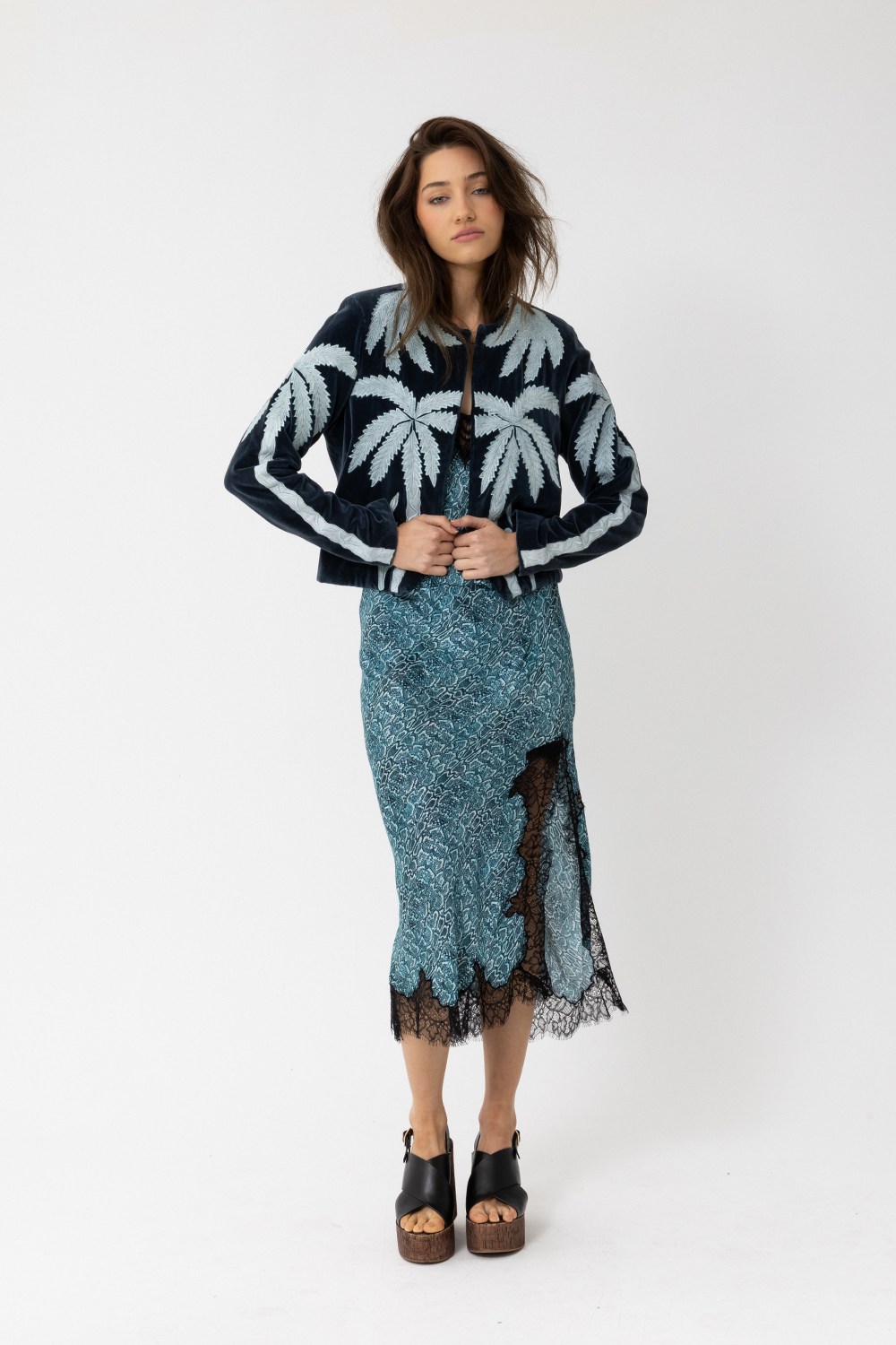 Lightweight cotton velvet jacket with art deco palm trees -Joey The Label