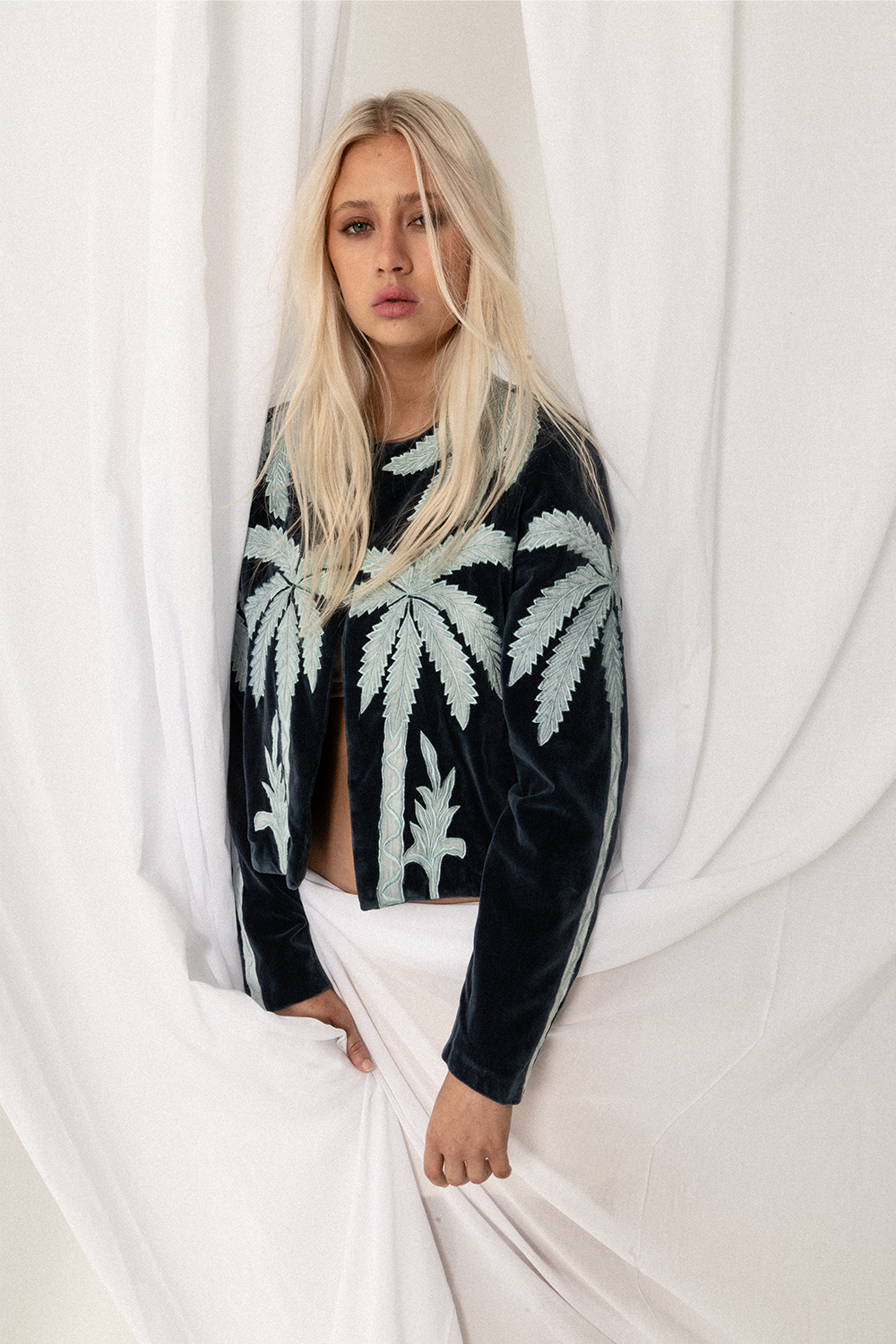 Lightweight cotton velvet jacket with art deco palm trees -Joey The Label