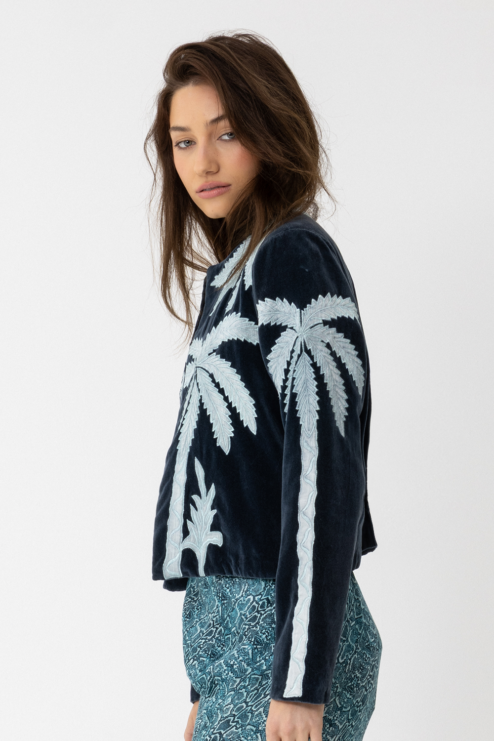 Lightweight cotton velvet jacket with art deco palm trees -Joey The Label