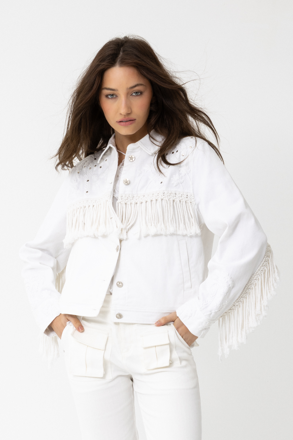 100% Cotton Denim Jacket with Embroidered White Palm Trees, studs, cord fringing and silver hardware - Joey The Label