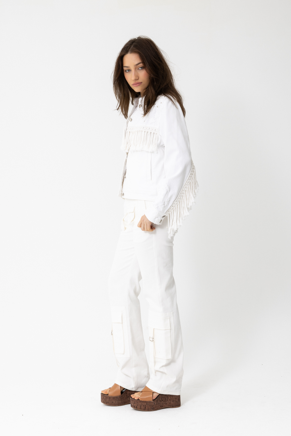 100% Cotton Denim Jacket with Embroidered White Palm Trees, studs, cord fringing and silver hardware - Joey The Label