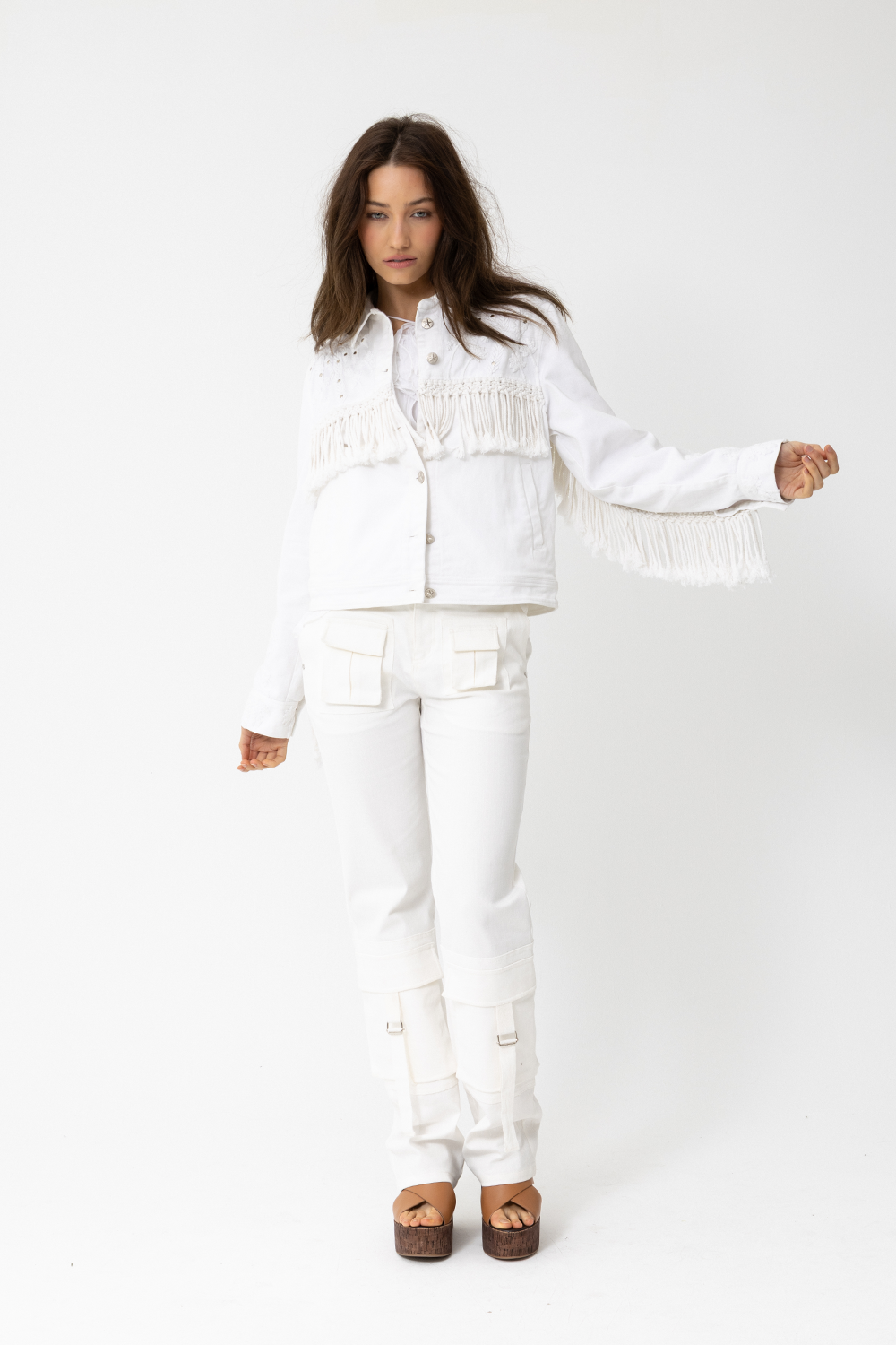 100% Cotton Denim Jacket with Embroidered White Palm Trees, studs, cord fringing and silver hardware - Joey The Label