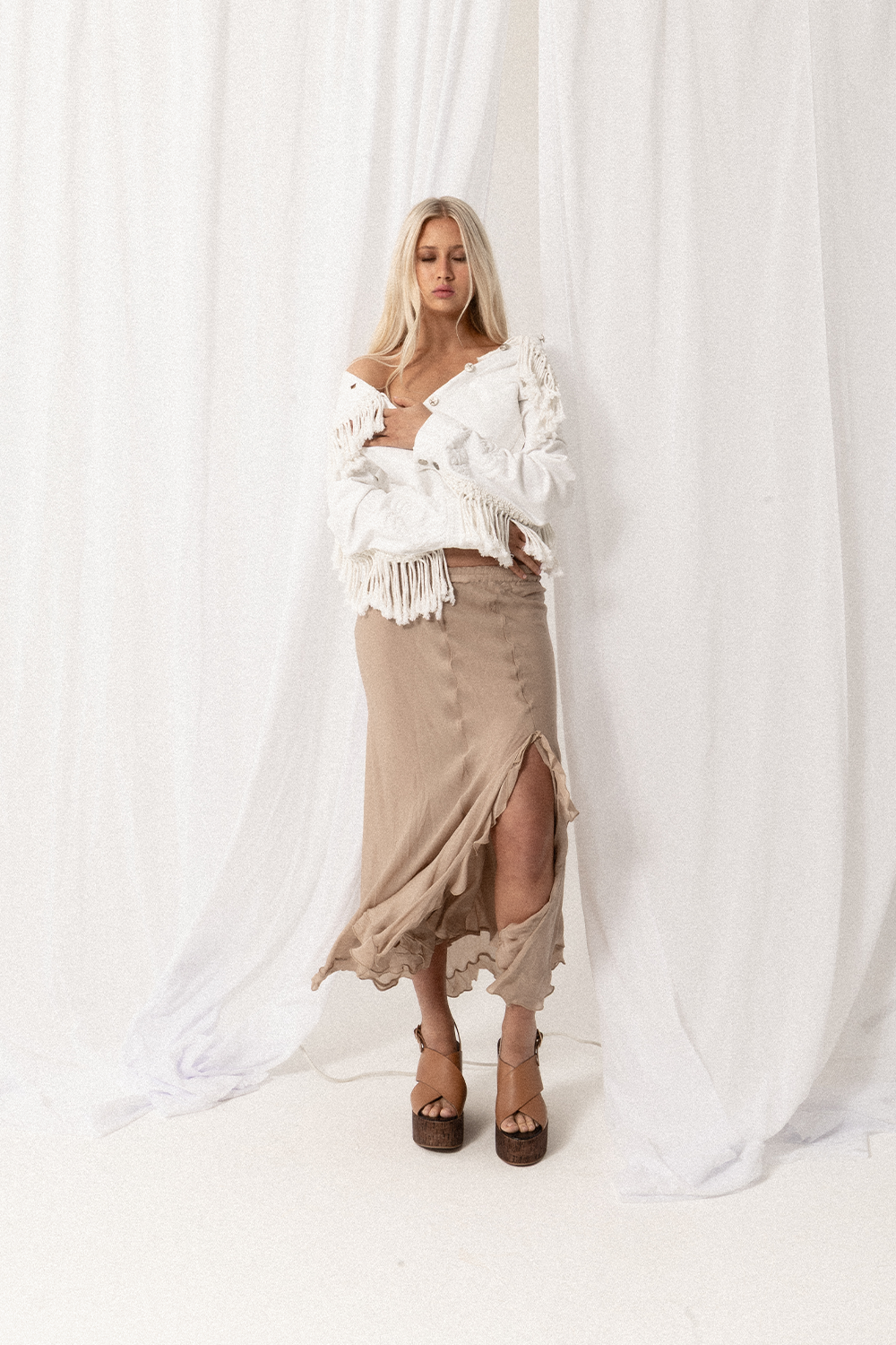 100% Cotton Denim Jacket with Embroidered White Palm Trees, studs, cord fringing and silver hardware - Joey The Label