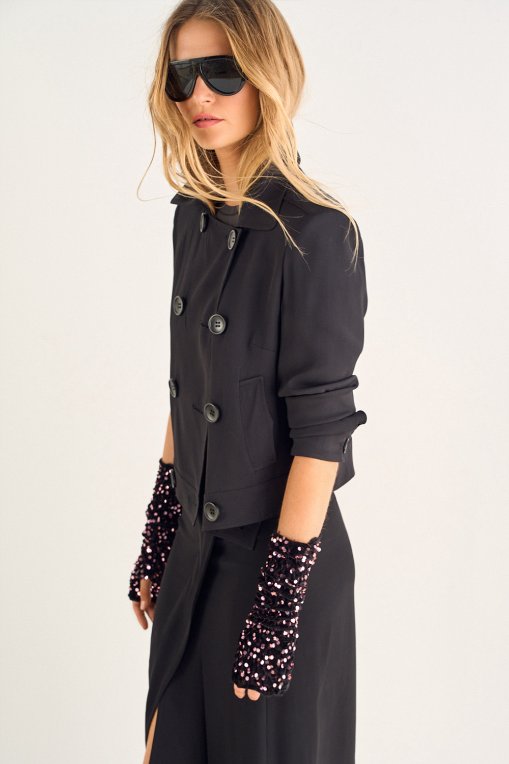 Phoebe Sailor Jacket, Black, Cropped, Double-Breasted Button, Lightweight Trench Coat - JOEY the Label