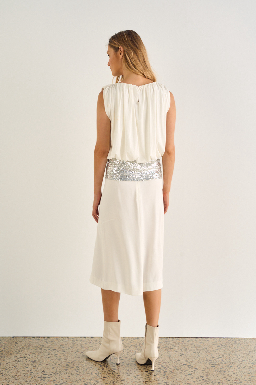 Phoebe Slouch Skirt, White, Faux Wrap, Tailored Asymmetric Split, Midi Skirt - JOEY the Label