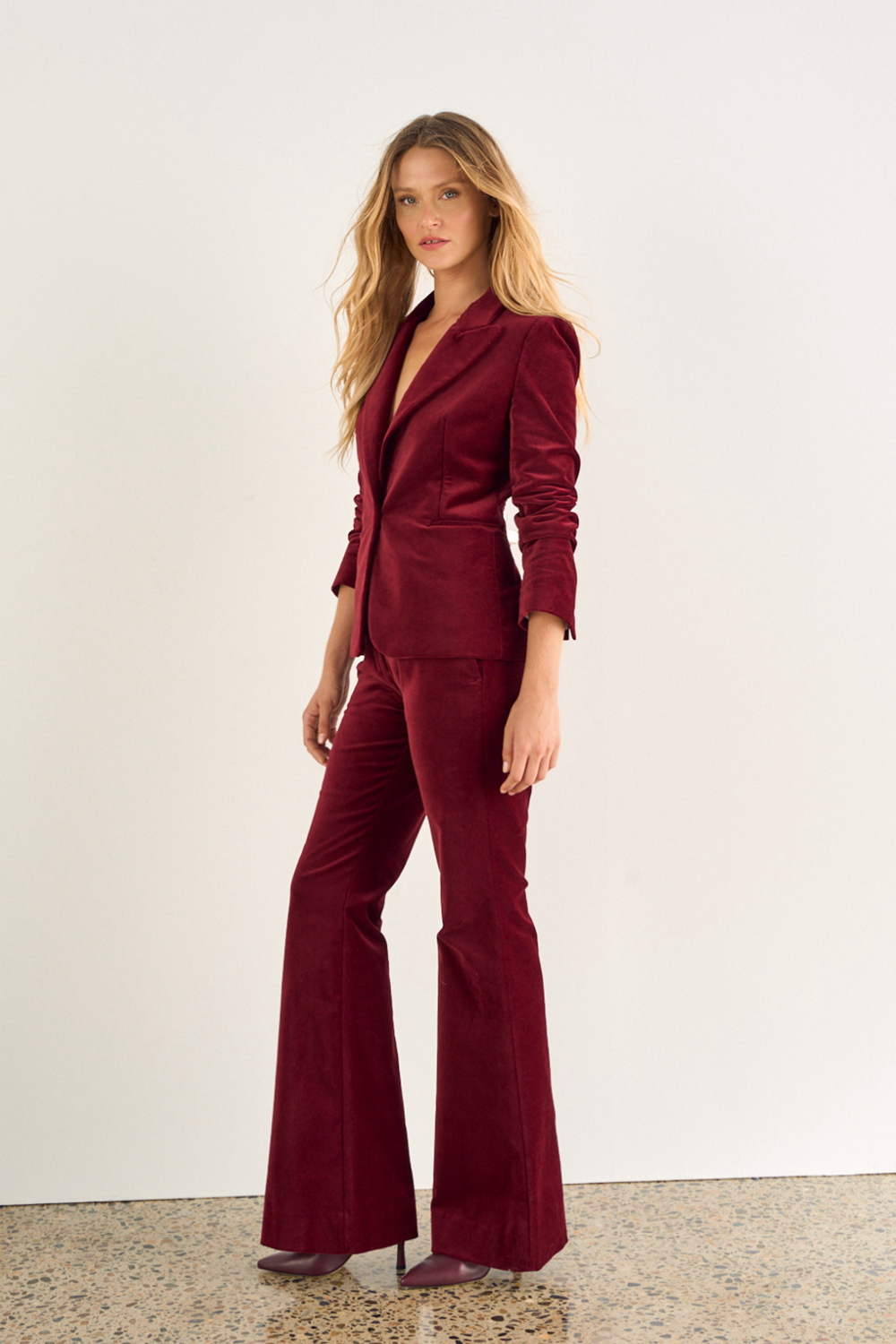 Romeo Velvet Pant, Burgundy Tailored Low-Rise Velour Bootleg Trouser - JOEY the Label