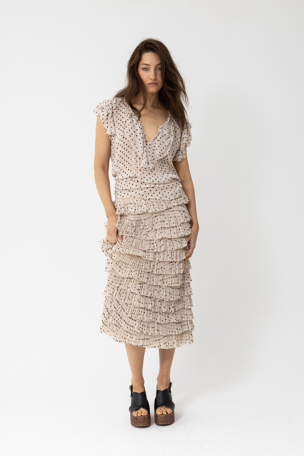 Samantha Midi Tutu Skirt, Beige Latte Polka Dot Print - JOEY the Label
