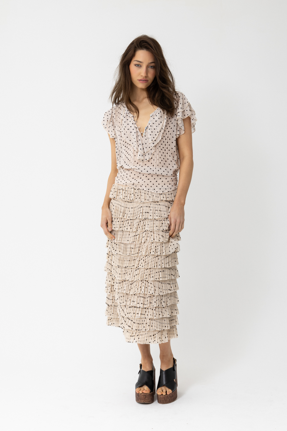 Samantha Midi Tutu Skirt, Beige Latte Polka Dot Print - JOEY the Label