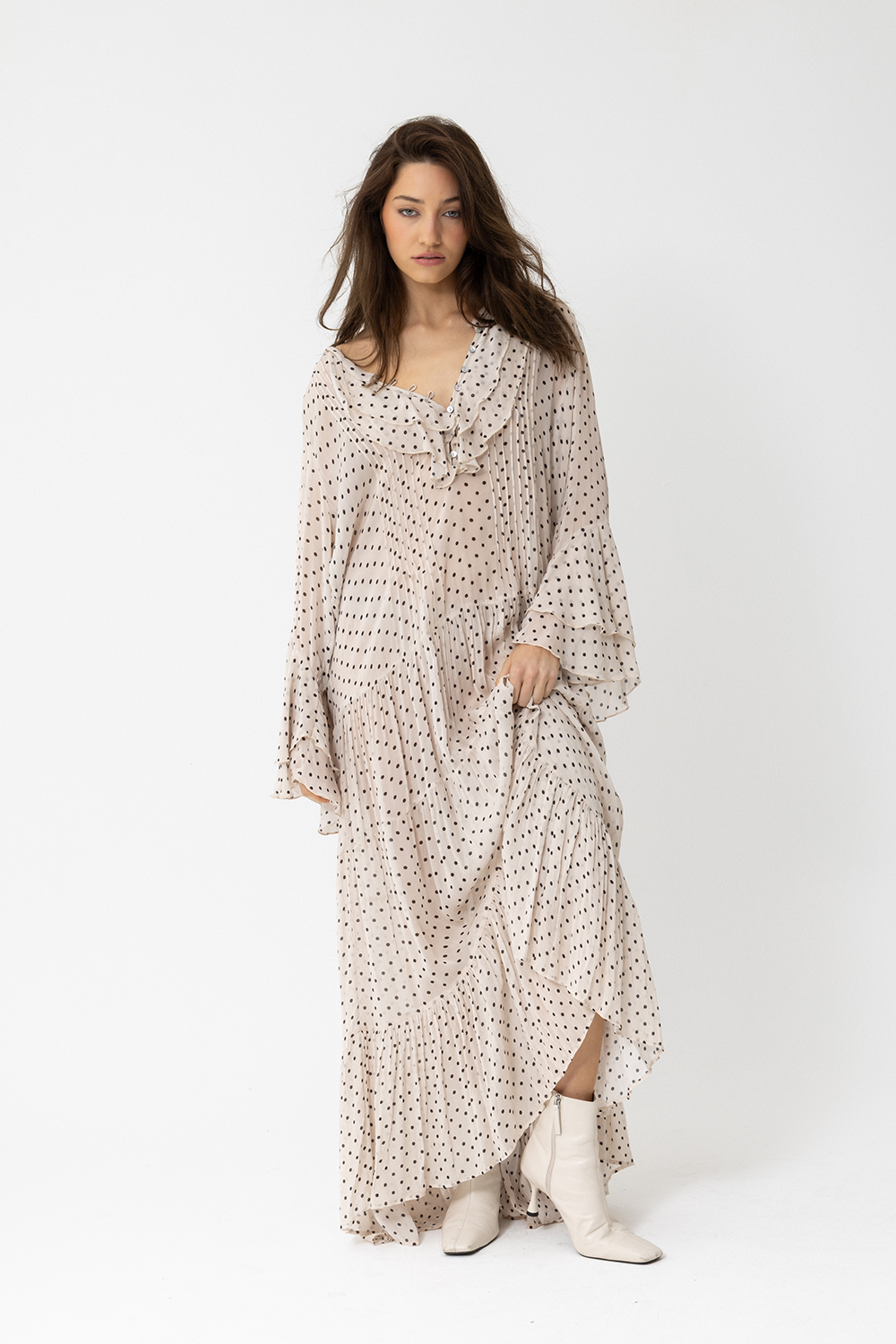 SATC Long Sleeve Maxi Dress, Polka Dot Latte - JOEY the Label