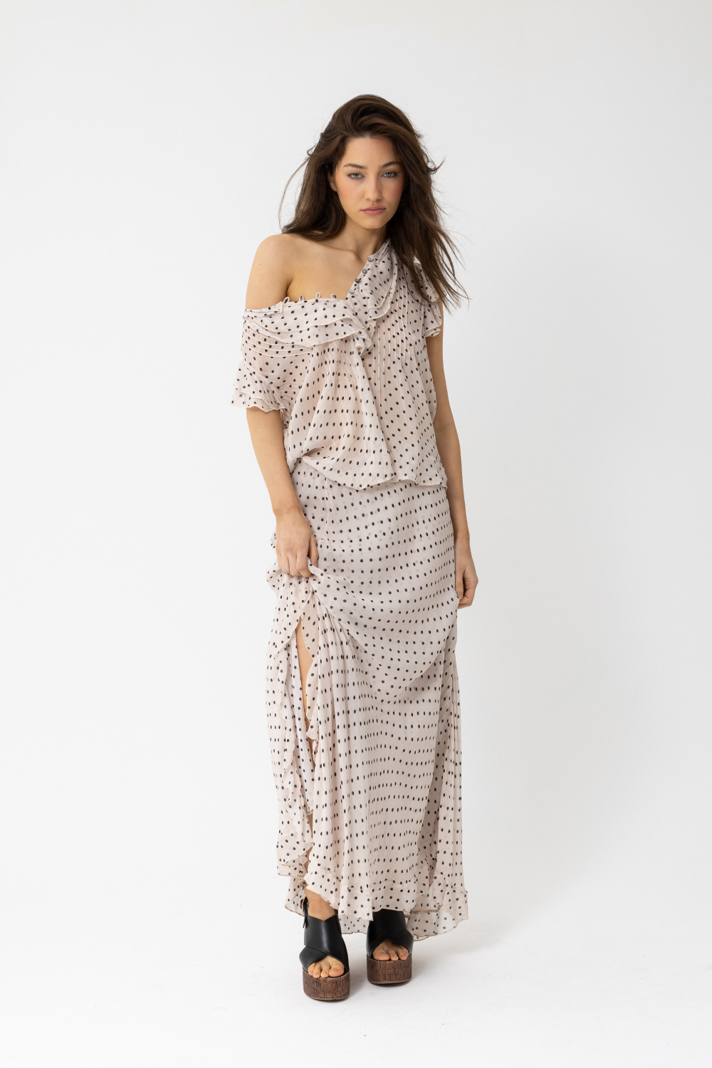 SATC Maxi Skirt with Split, Beige Latte Polka Dot Print - JOEY the Label