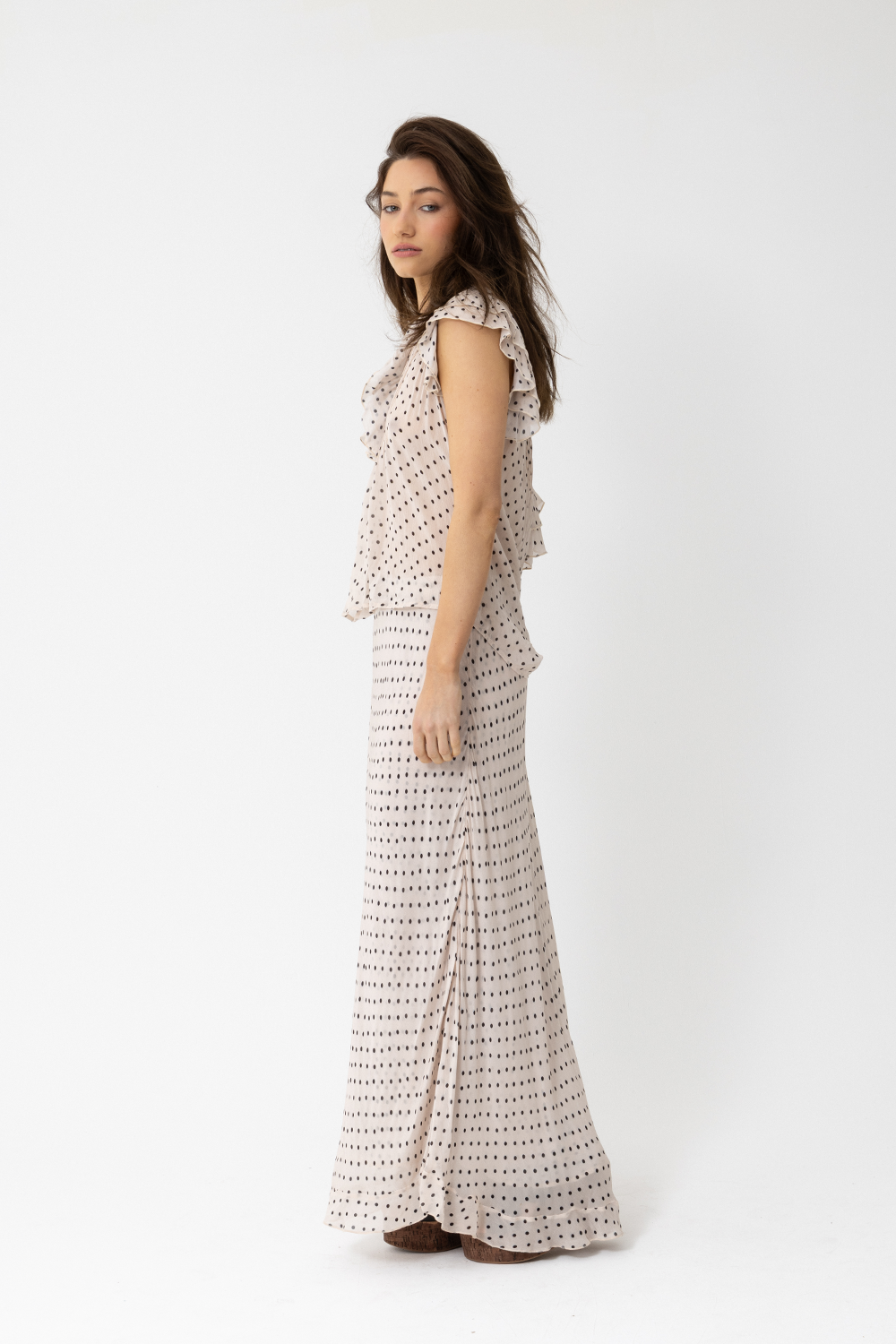 SATC Maxi Skirt with Split, Beige Latte Polka Dot Print - JOEY the Label