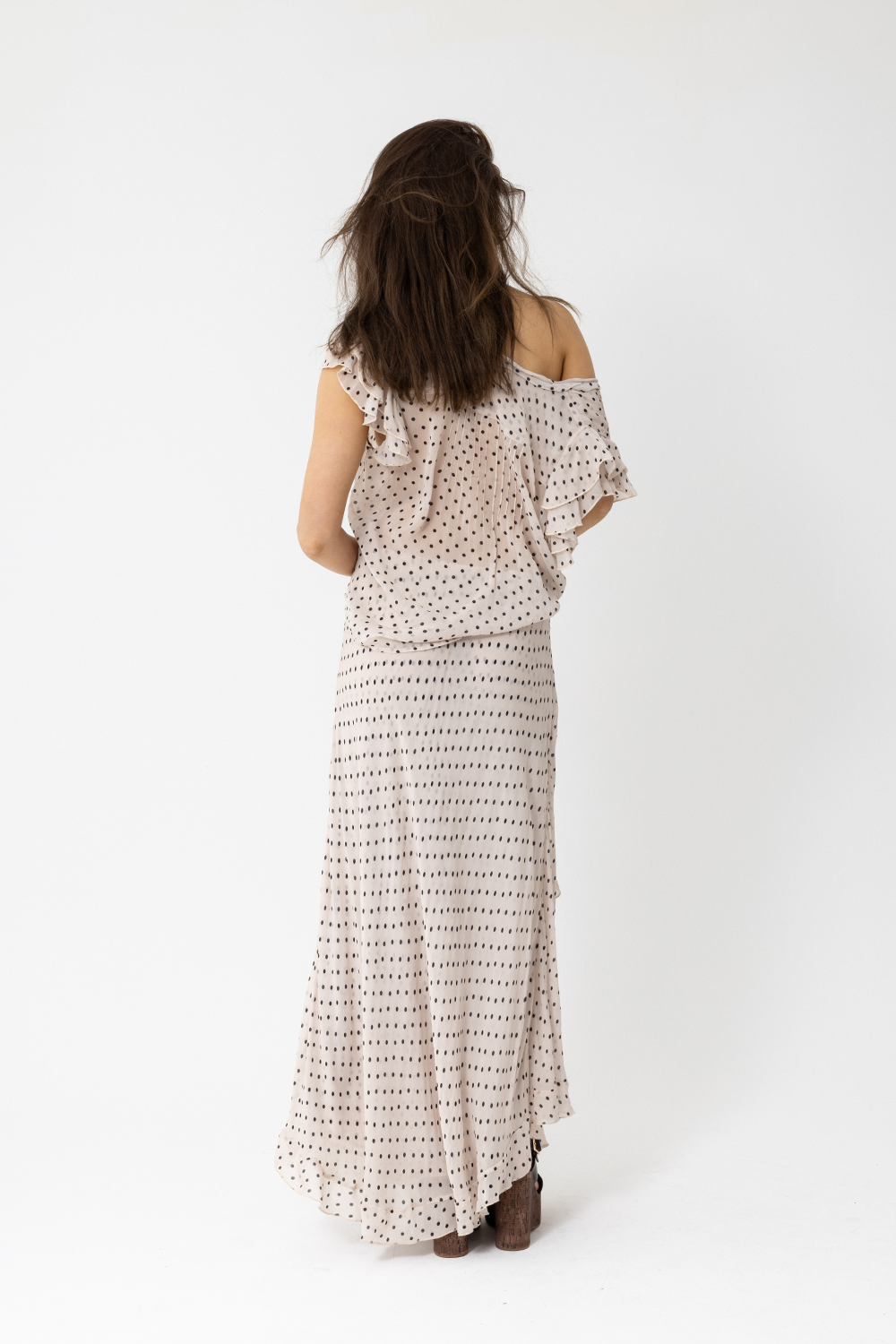 SATC Maxi Skirt with Split, Beige Latte Polka Dot Print - JOEY the Label