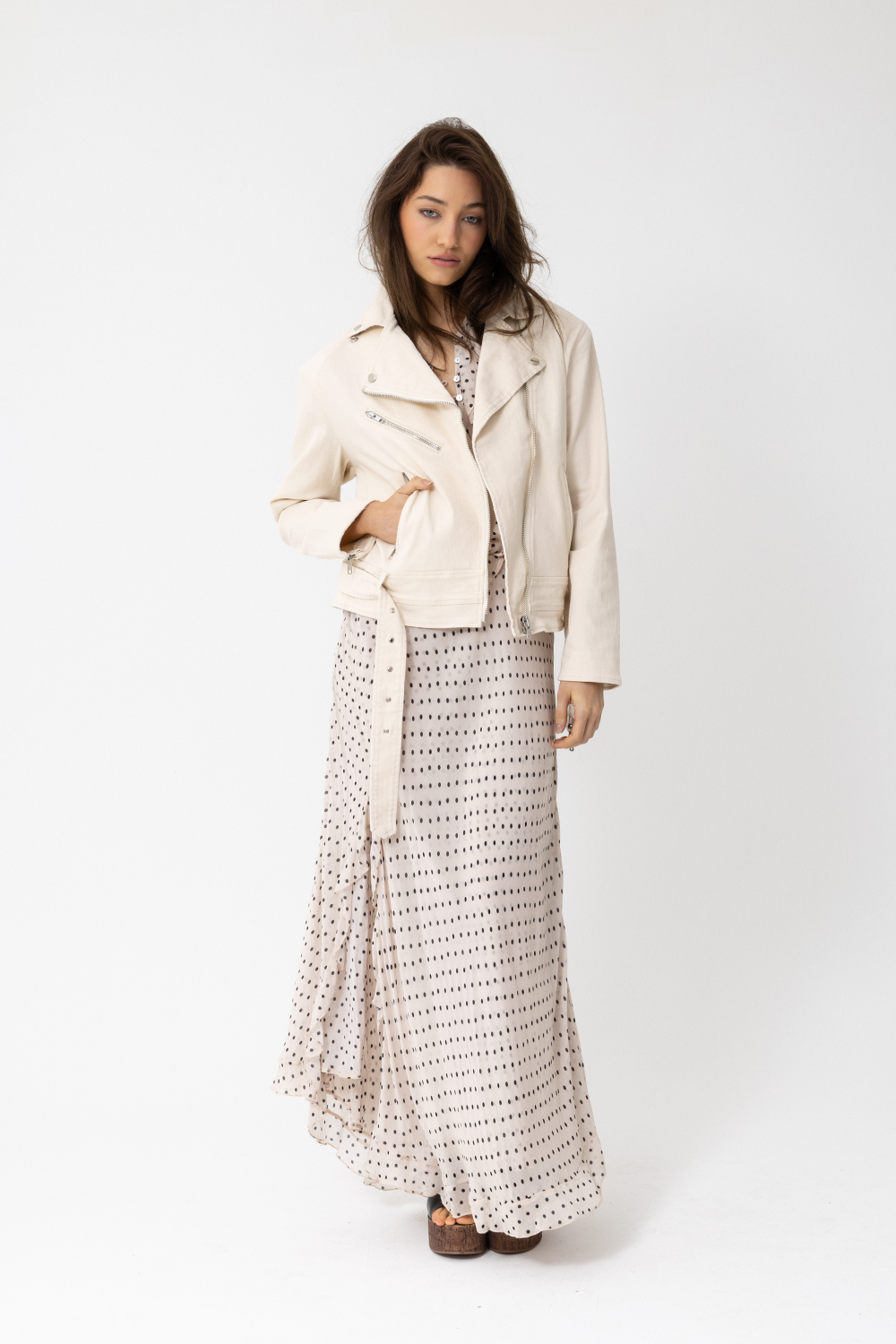 SATC Maxi Skirt with Split, Beige Latte Polka Dot Print - JOEY the Label
