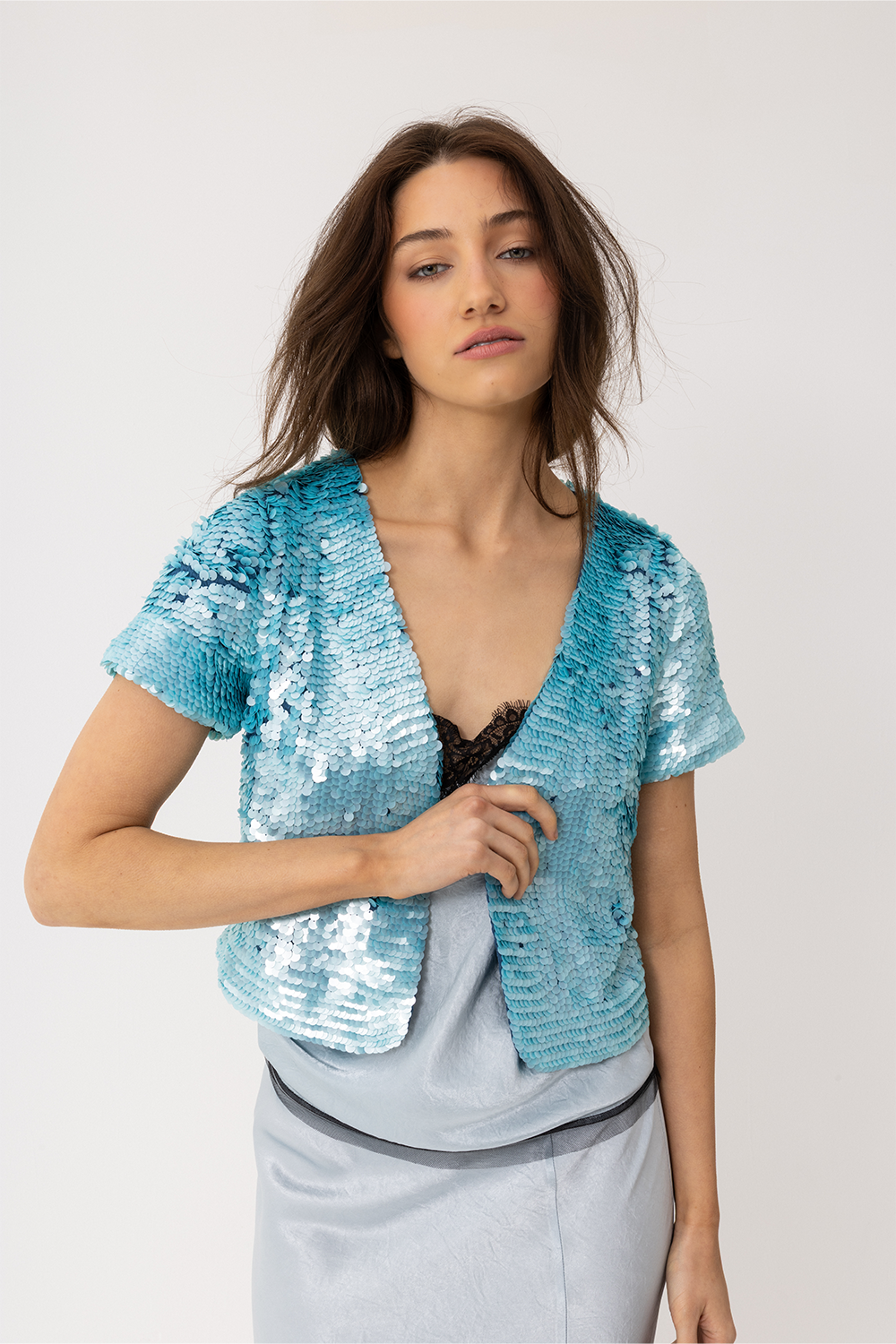 Fully Hand Sequinned Bolero style turquoise jacket. - Joey The Label

