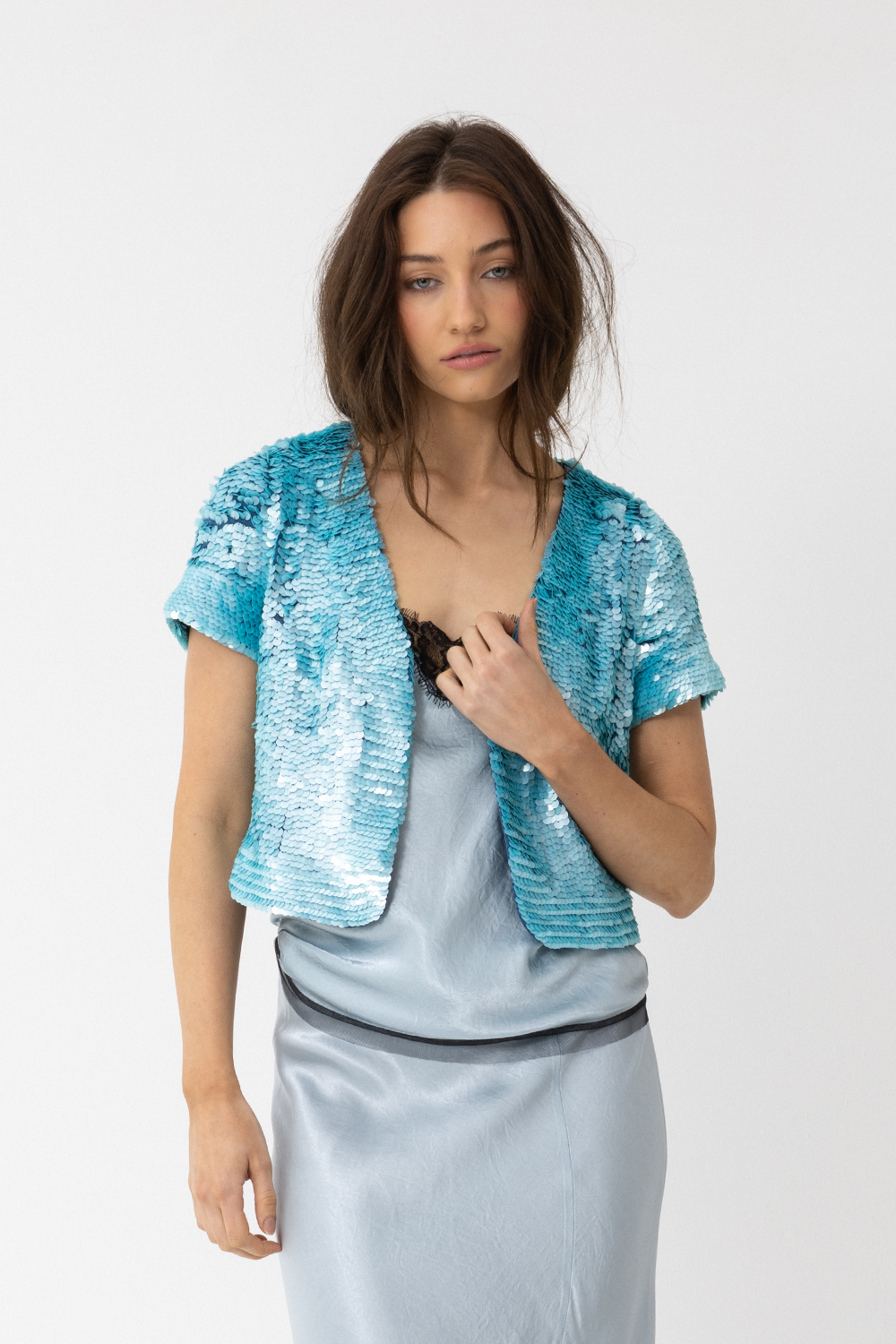 Fully Hand Sequinned Bolero style turquoise jacket. - Joey The Label