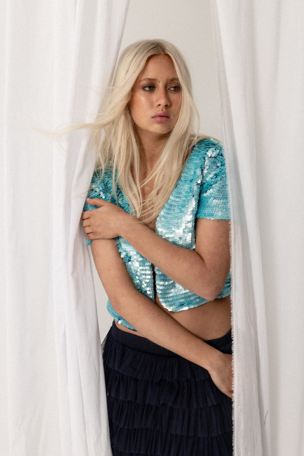 Fully Hand Sequinned Bolero style turquoise jacket. - Joey The Label