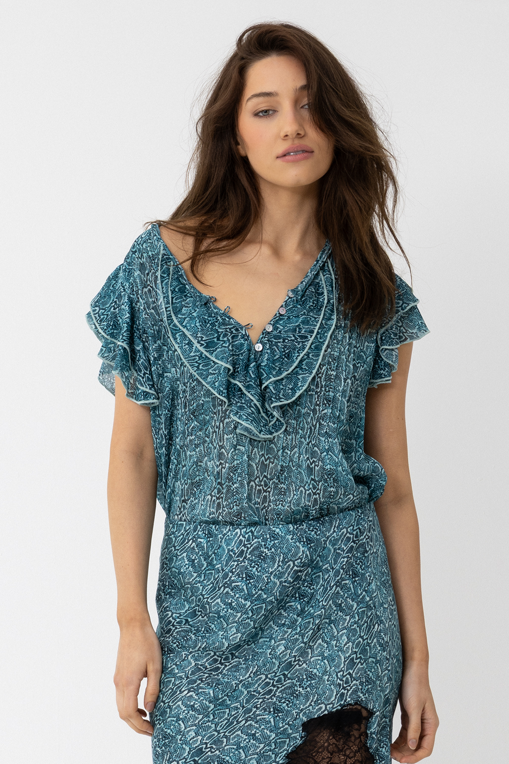 The SATC blouse features soft layered ruffles, buttons through the neckline, pin tucks and pleating - Joey The Label