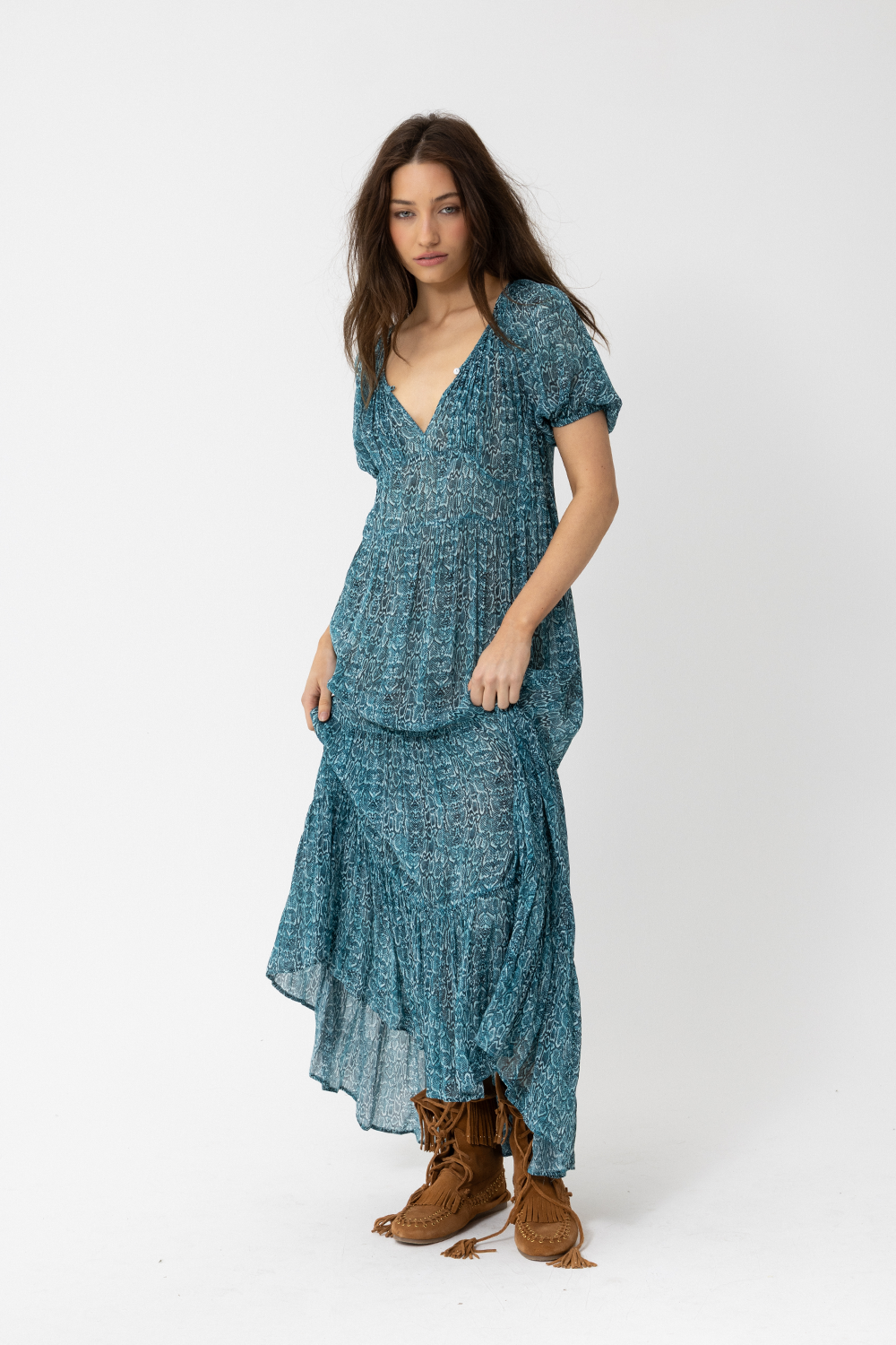 Dress with short puff sleeves, layered ruffles and a single button scoop neck. - Joey The Label