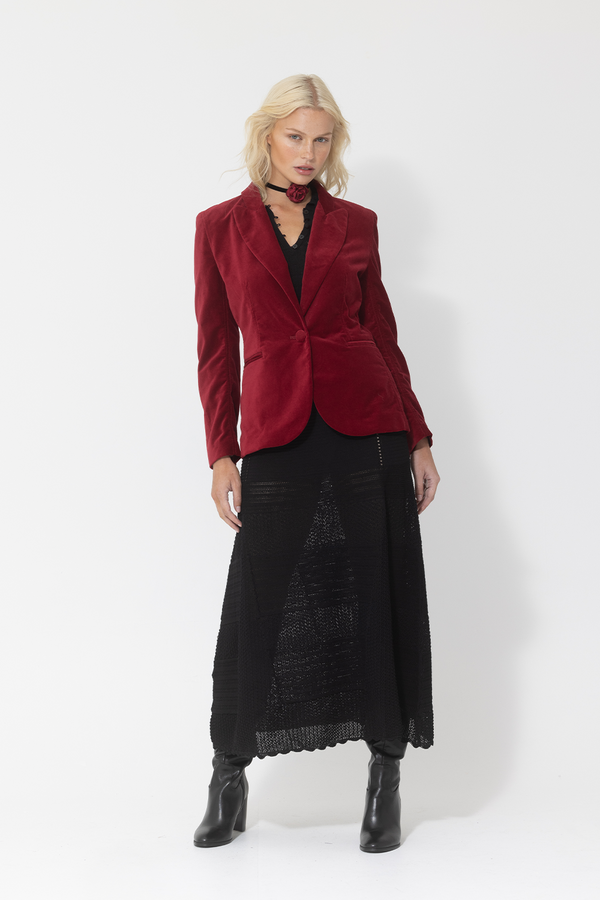 black knit textured skirt red velvet jacket