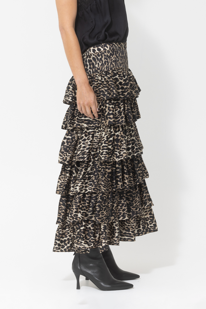 leopard print silk layered ruffle midi skirt