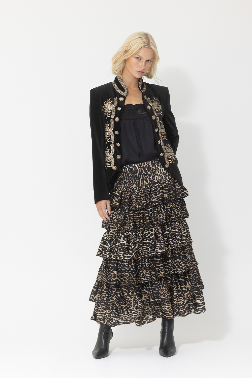 leopard silk skirt velvet sequin trim jacket