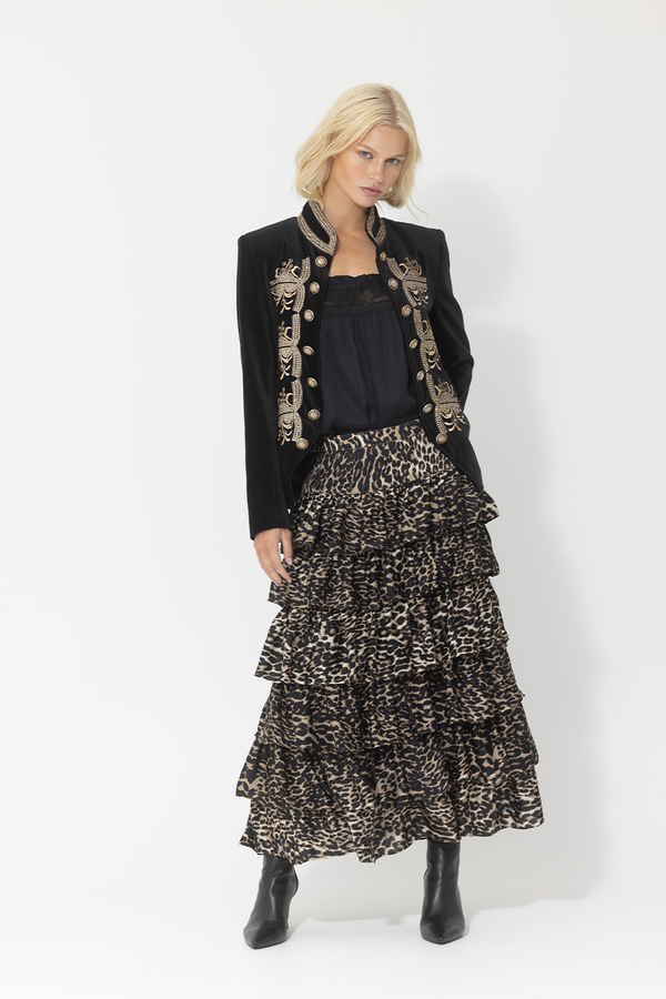 leopard print skirt black velvet sequin jacket gold
