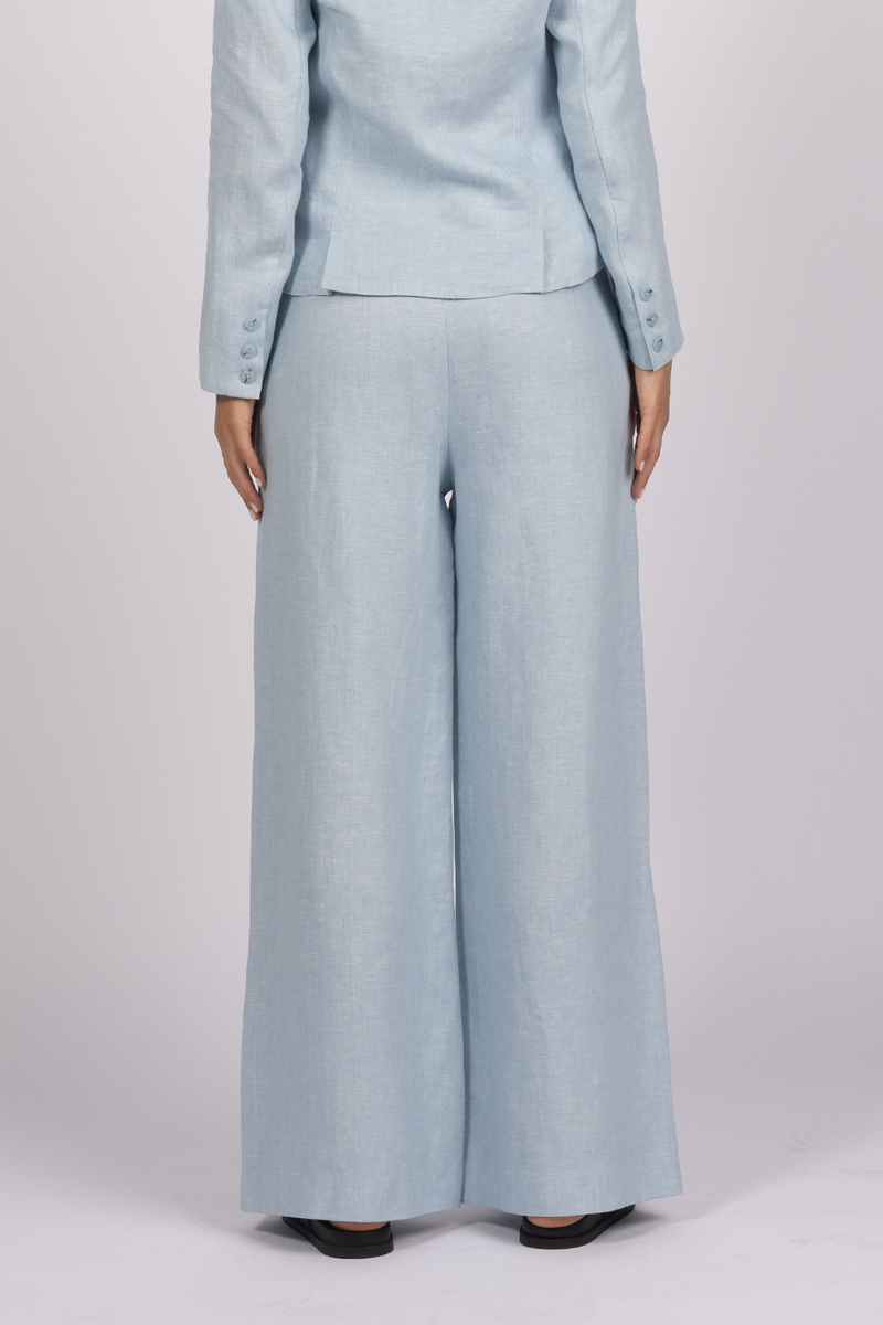 sky blue tailored wide leg linen pants